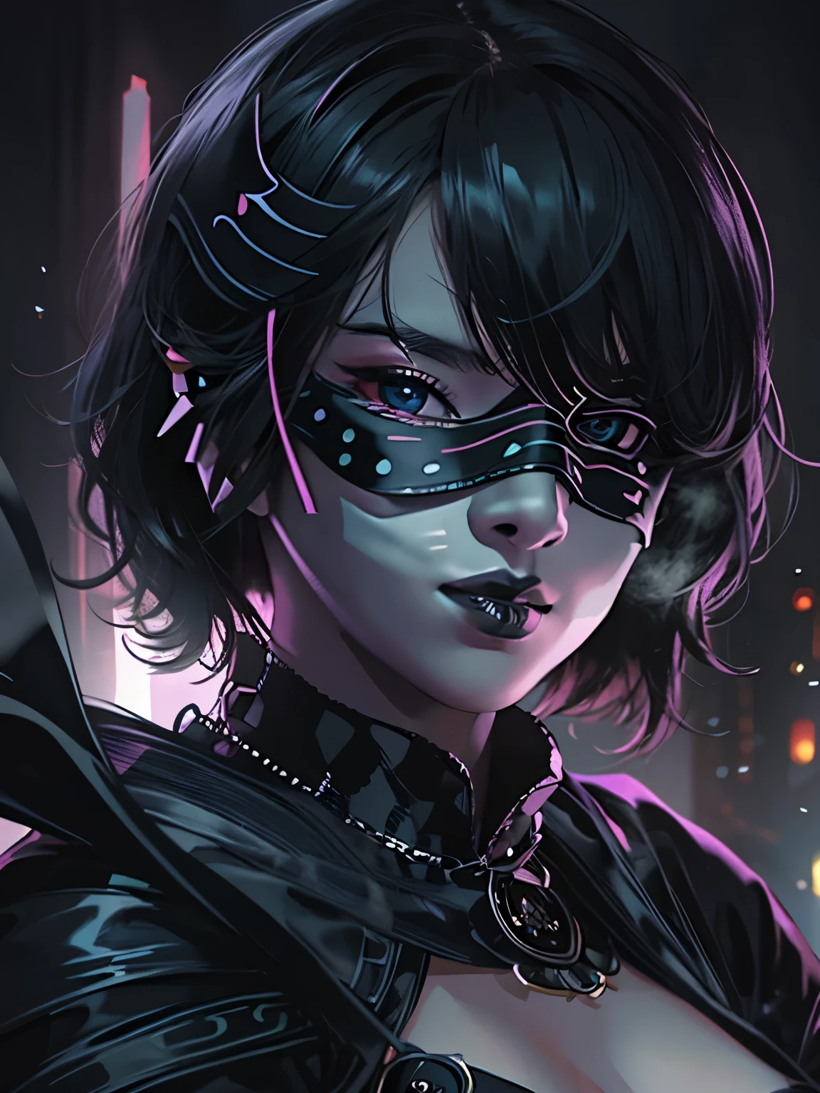 NSFW((masterpiece)), (((Best Quality))), ((Ultra-detailed)), (extremely detailed photo), ((extremely delicate and beautiful)),(Cute delicate face), (A 25 years old dignified girl),(black and violet full armor) ,(holding a violet glowing sword ),short hair,against a dark background in a city,solo, double eyelid,delicate skin,slender body shape,(Wearing a black Domino mask:2)