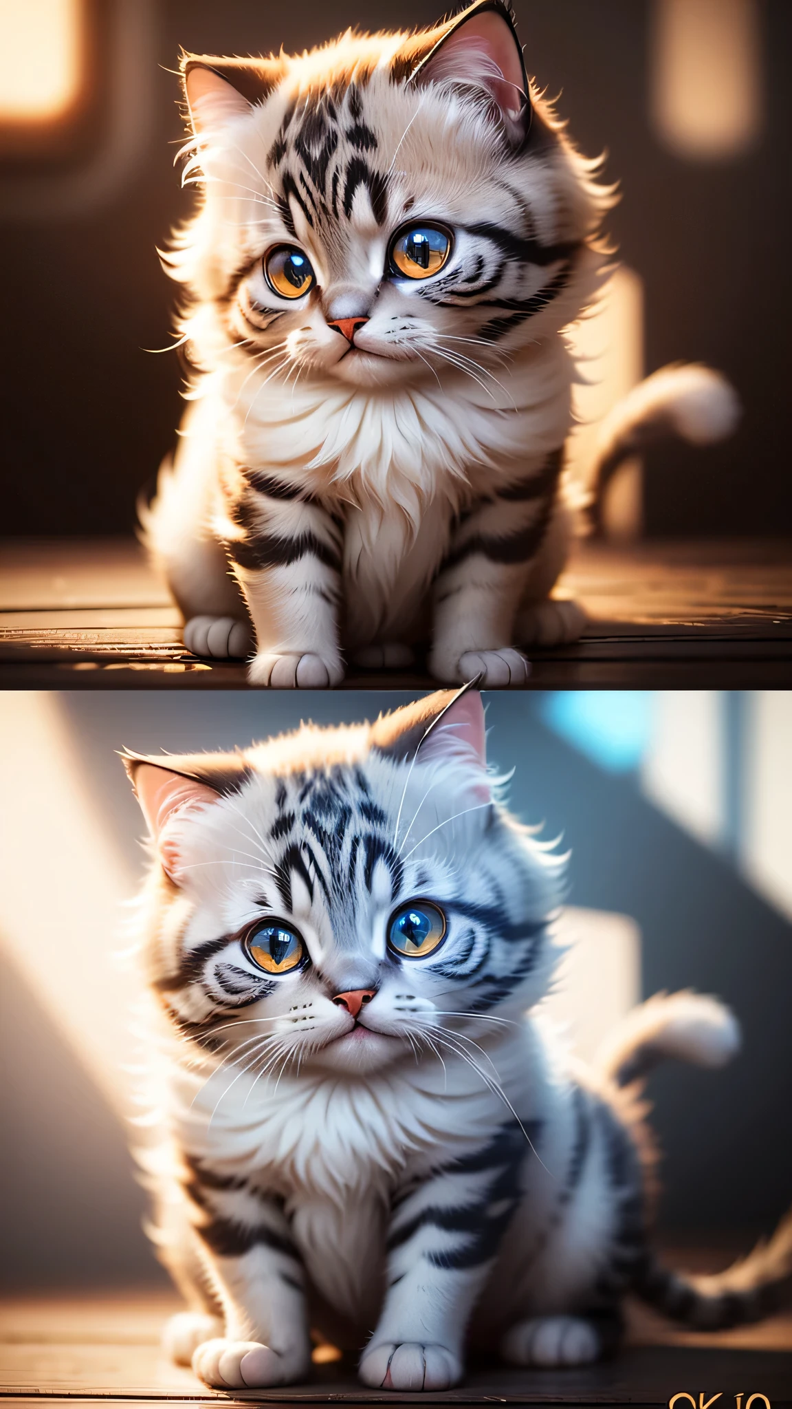 cute little surreal cat、scottish fold、droopy ears、Little、adorable fluffy、cinematic lighting effects、Charming、very cute、fantasy art、Bokeh、digital painting、soft lighting、4K resolution、 photorealistic rendering、very detailed、a realistic masterpiece、professional photography、