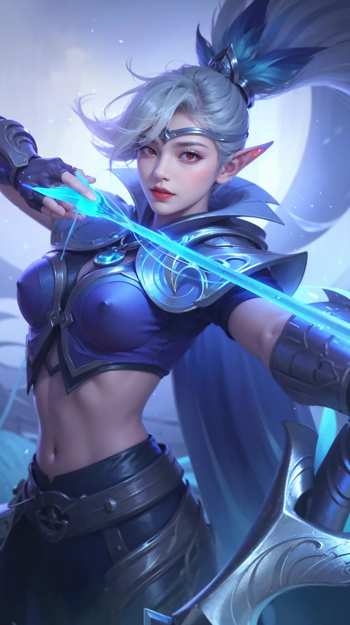 (female:1.2), 8k, ultra hd, ultra detailed texture, hyper realistic, masterpiece, detailed texture, detailed face, detailed skin, detailed lighting, (photorealistic:1.5), best quality, beautiful lighting, cinematic lighting, professional lighting, ultra highres, realistic, detailed hair, real hair, high quality, (realskin:1.5), extremely detailed, finely detail, ultra-detailed, 1girl, solo, elf, pointy ears, standing, demon horns, forehead protector, (red eyes:1.5), v-shapped eyebrow, lips, red lips, evil smile, nose, make up, pretty, beautiful, cute face, long hair, blue hair, high ponytail, large breasts, cleavage, armpit, navel, stomach, black armor, pauldrons, bare shoulders, shoulder armor, thigh high, sleevless, detached sleeves, breastplate, gauntlets, miya \(mobile legends\), depth of field, looking aways, white skin, skin tight, amazing pose, outdoors, glowing, dark view.