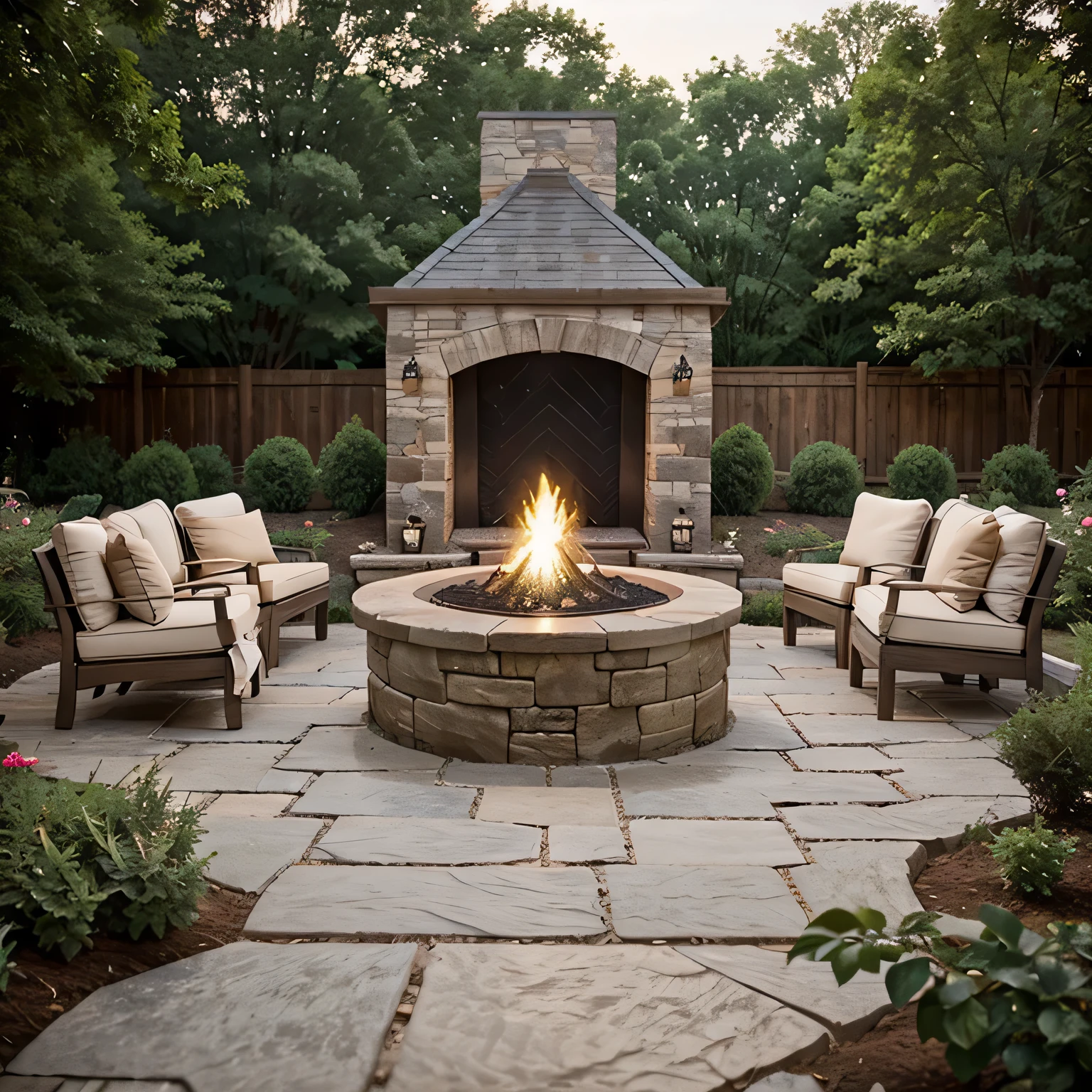 Creating Serene Outdoor Spaces: Exploring Rustic Farmhouse Patio  Fire pit surrounded by stone retaining wall