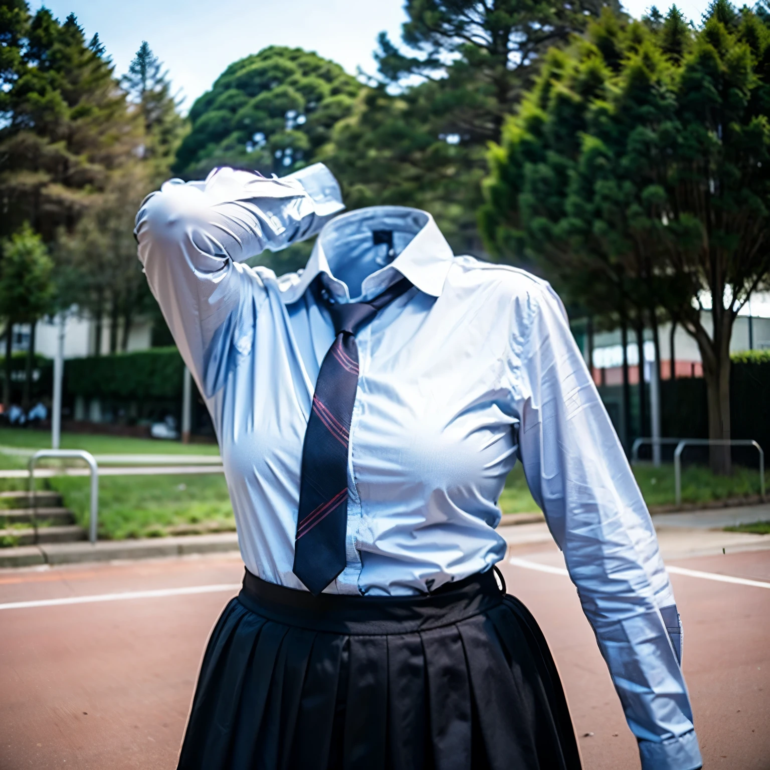 shapely, school gym uniform sleeping on bed on hanger, chubby, fat, raise their sleeves, stripe tie, (invisible, no humans, headless, faceless:1.5), cute big breasts