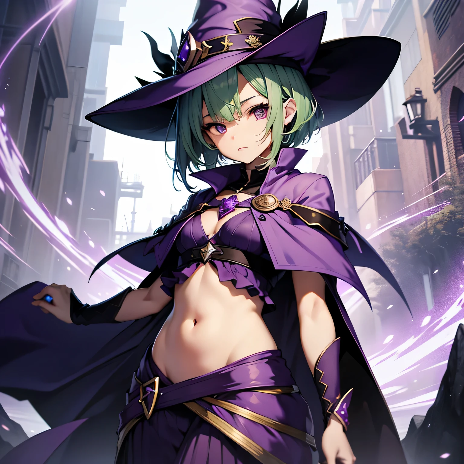 highest quality、very delicate and beautiful、(teenage girl)、purple eyes、green hair、short hair、(Purple Witch Hat)、purple tie、I、short sleeve、purple skirt、purple wizard'robe of、navel pussy、Are standing、facing forward、