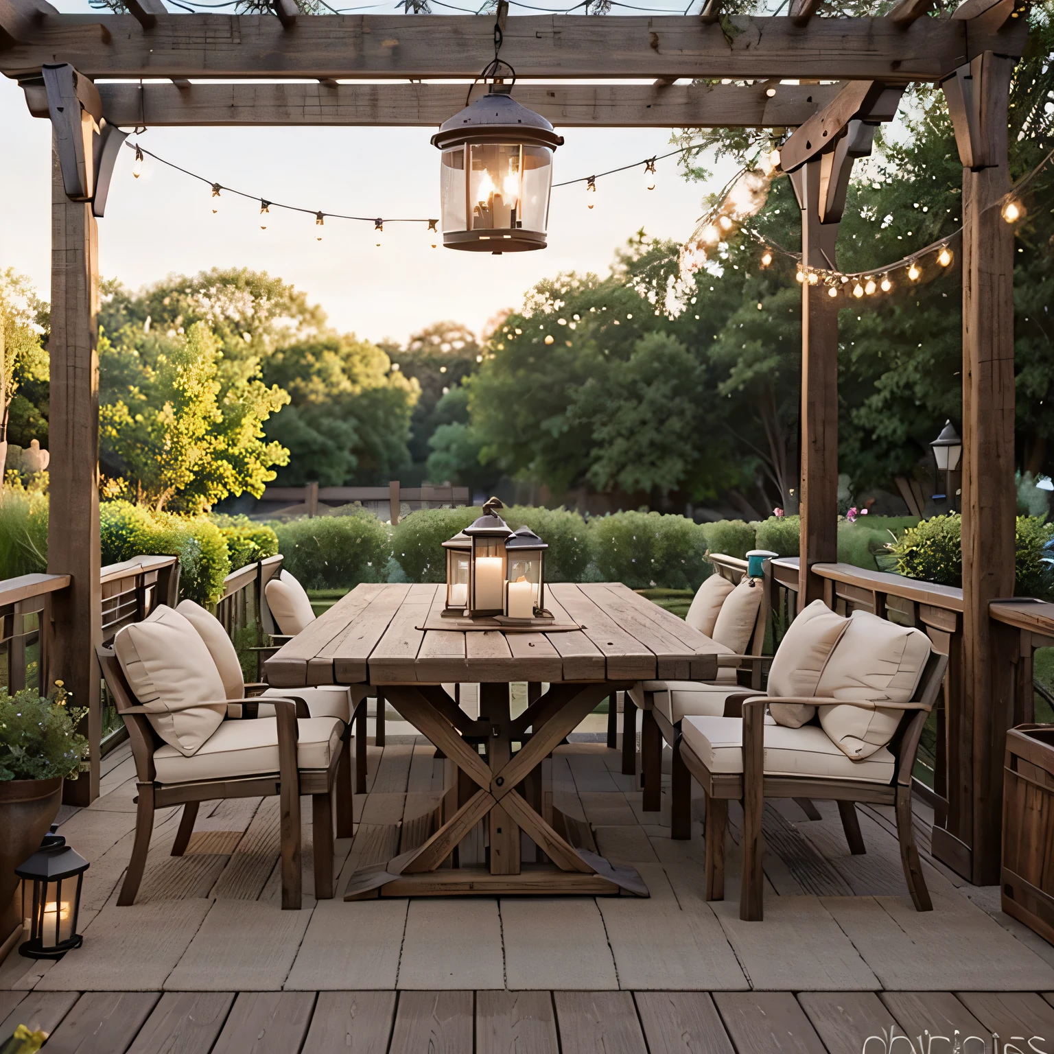 Creating Serene Outdoor Spaces: Exploring Rustic Farmhouse Patio Vintage lanterns hanging from the pergola