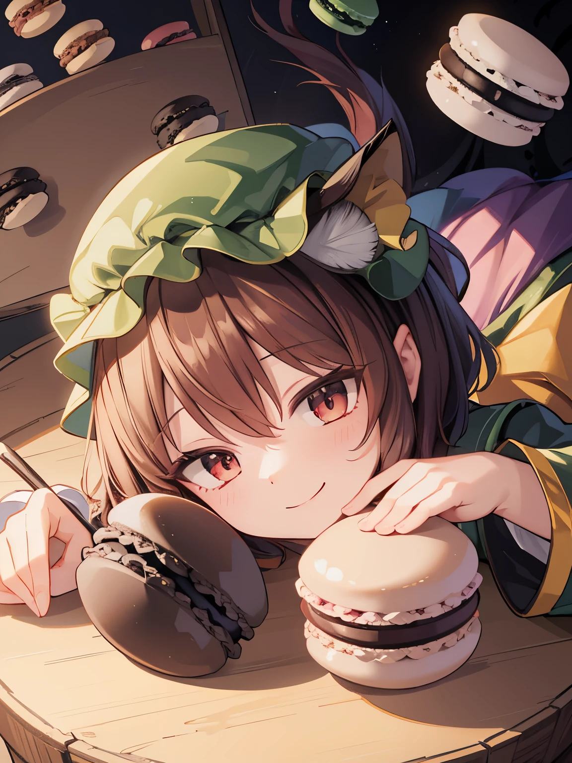 (((masterpiece))), (((best quality))), ((ultra-detailed)), (8K), anime style, (1girl),(((Chen))),(((touhou project))), black cat tail,blown short hair,black cat ear,red costume ,(((holding colorful macarons))), up face,(smile)