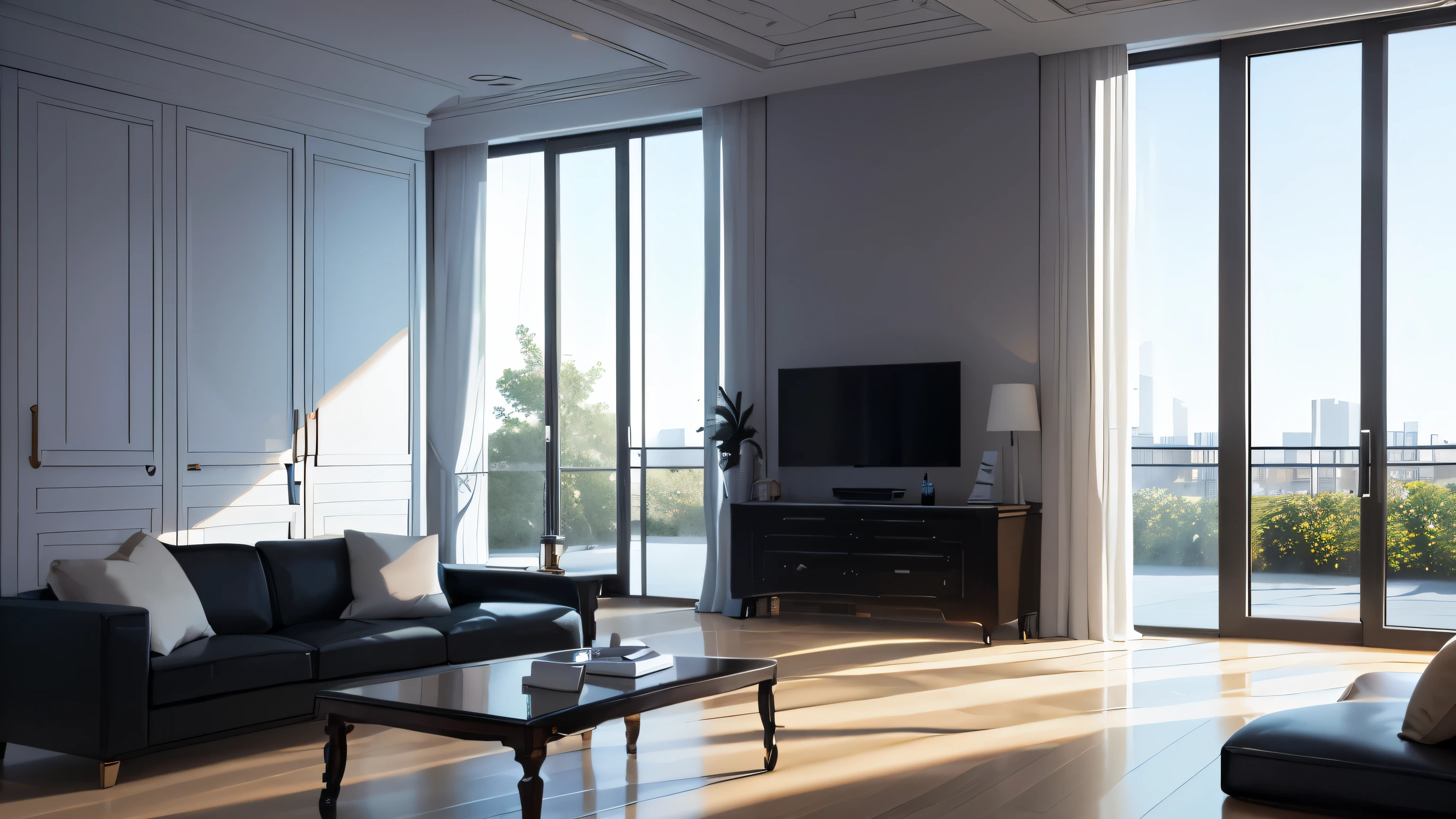 you are a famous interior designer、I was asked to create a 3D image of a large modern room.。. Create a harmonious environment with modern and minimalist furniture. Including garden interior.