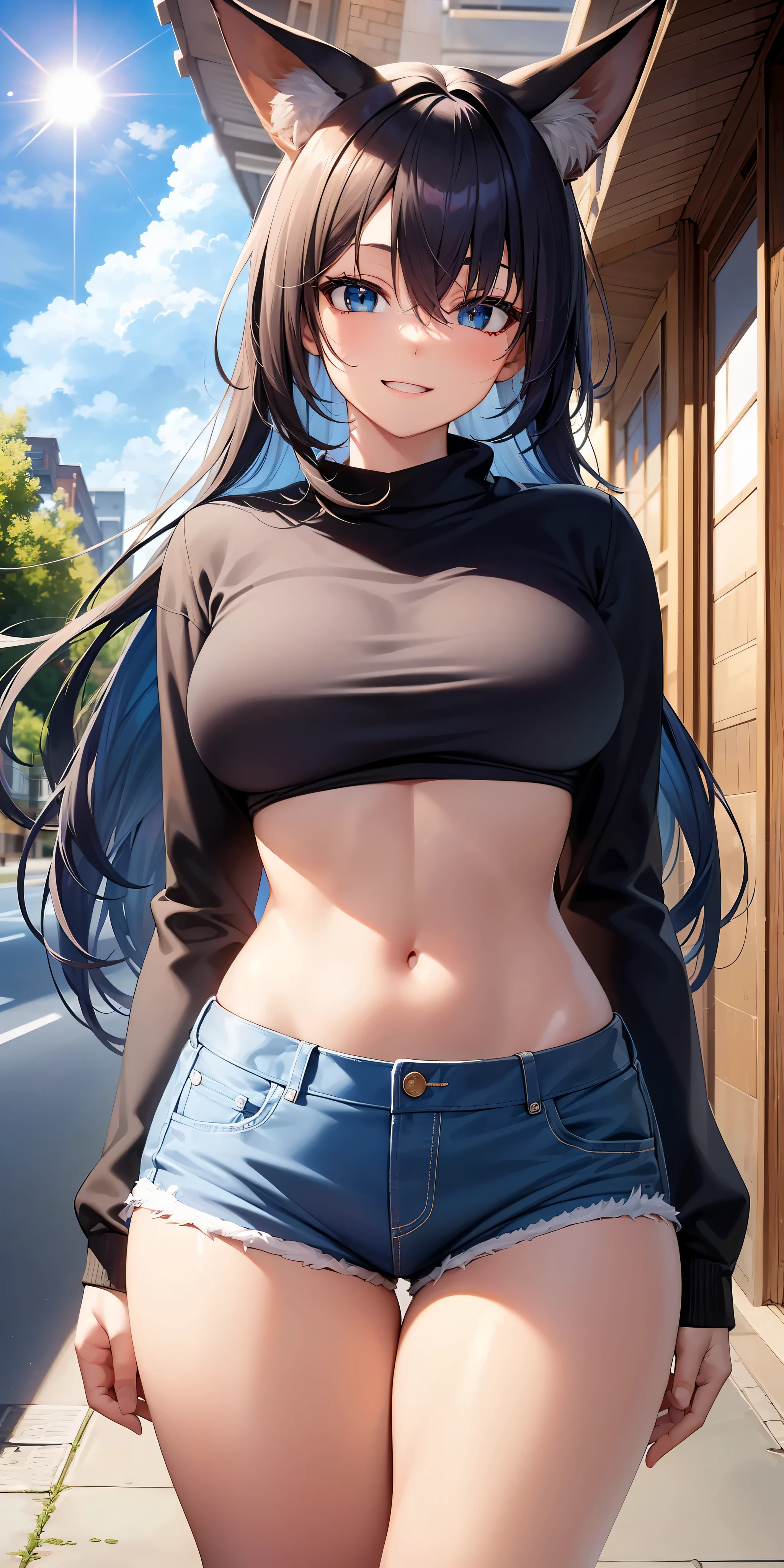 ((masterpiece)), ((best quality)), girl, ((beautiful body)), fair skin, ((well-detailed eyes)), very long blue straight hair, ((hair highlights effect)), ((hair between eyes)), short blue sweatshirt, short shorts, blue sneakers, medium breasts, neck accessory, eyebrow, ((fox ear)), ((perfect)), ((smile)), (( happy expression)), slim waist, thick legs, big thigh, ((background scenery)), ((street)), ((blue sky)), ((clouds)), (sun), ((wind in the hair)), ((shaking hair)), US, beautiful day, pov, looking at viewer, flushed, lustful,