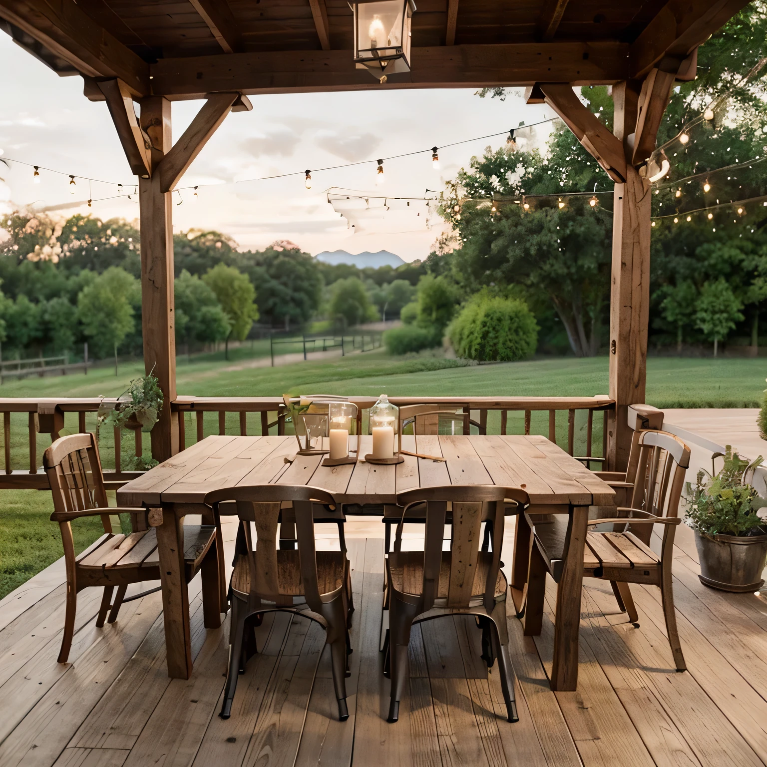 Creating Serene Outdoor Spaces: Exploring Rustic Farmhouse Patio Rustic wooden tables set with lanterns and plants