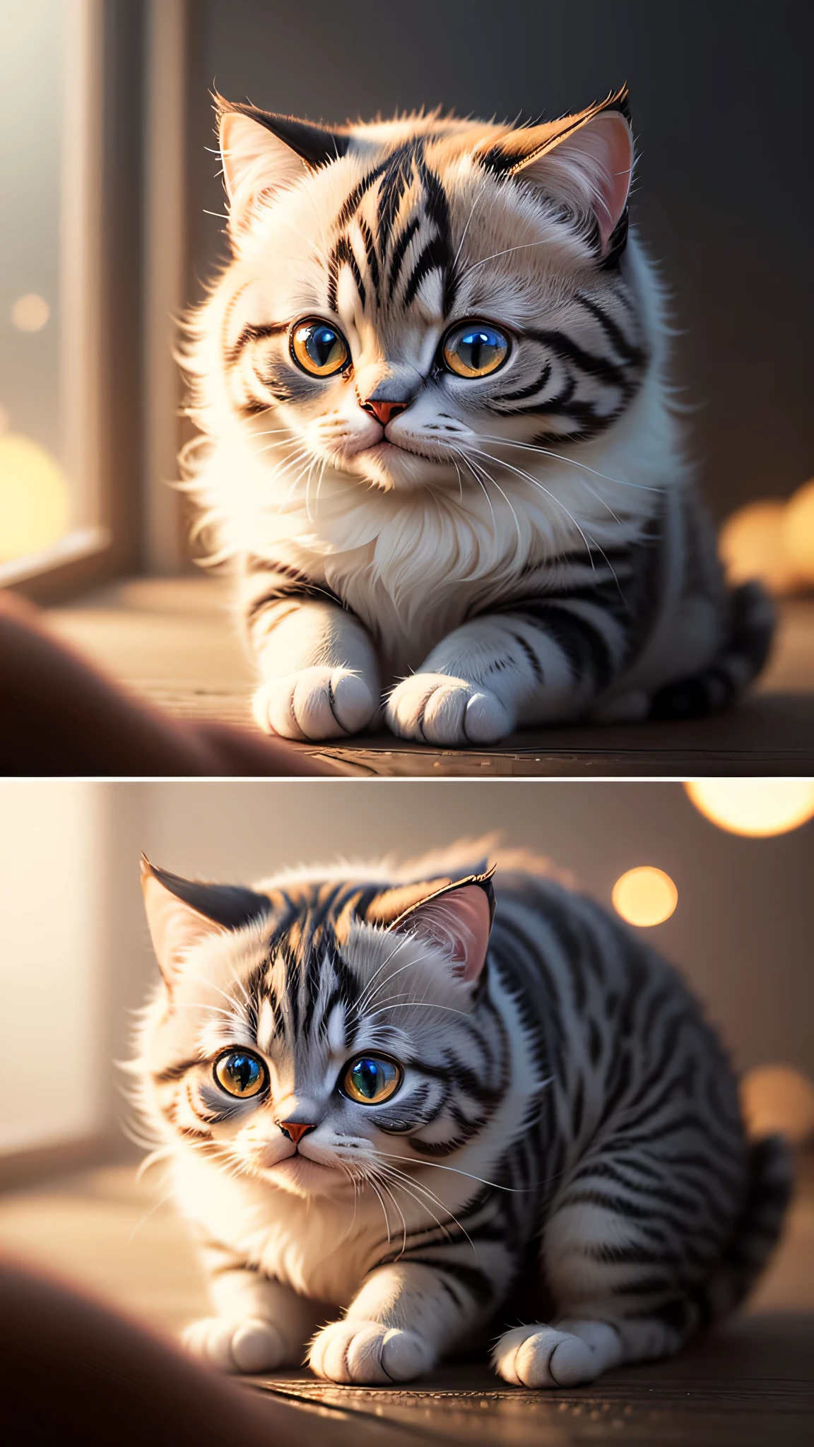cute little surreal cat、scottish fold、droopy ears、Little、adorable fluffy、cinematic lighting effects、Charming、very cute、fantasy art、Bokeh、digital painting、soft lighting、4K resolution、 photorealistic rendering、very detailed、a realistic masterpiece、professional photography、