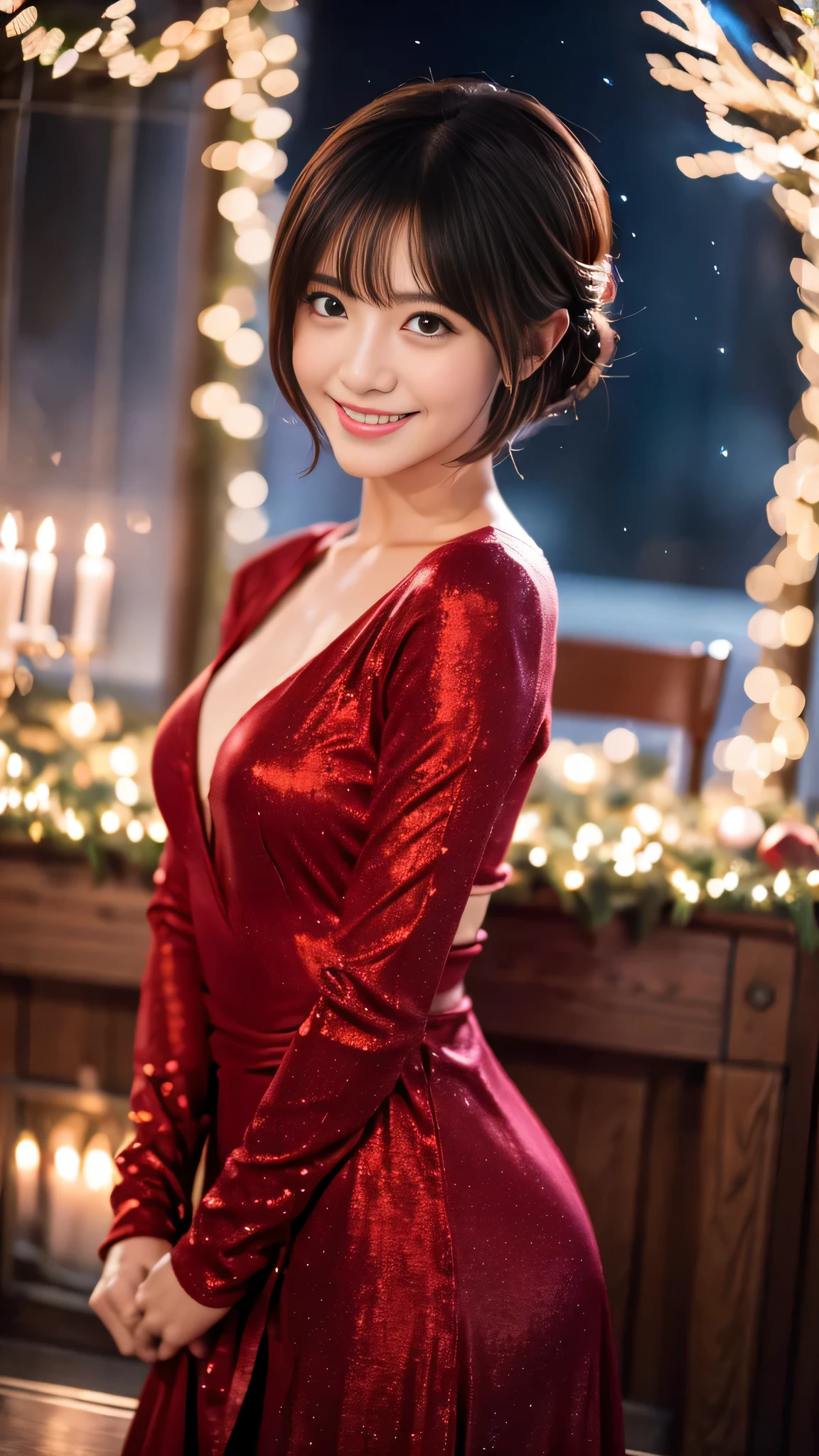 A sparkling Christmas night、sacred costume、provocative smile、short hair、beautiful japanese actress、sakimichan、cinematic light， realistic， masterpiece， highest quality， complex CG，highly detailed face，high detail eyes，