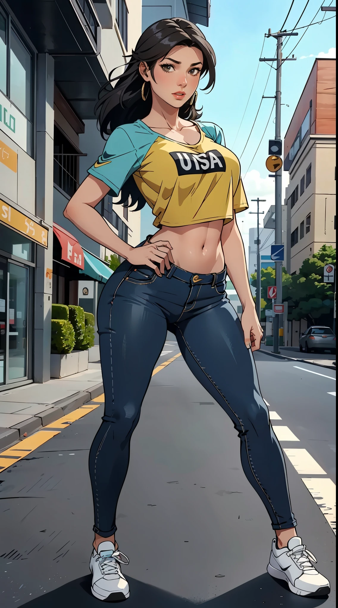 Katara, muito sensual, com roupas de funkeira, brasileira, na cidade do rio de janeiro, Brasil, dancing funk, rebolando, bunda grande, pernas grossas, usando um short jeans extremamente curto, usando uma mini blusa, umbigo com pirsing, sneakers Nike, cabelo comprido, Speaker behind, corpo inteiro, muito realista, extremamente sexy, 8k, 8k extremamente detalhado), (um extremamente delicado e bonito), (obra-prima), (melhor qualidade: 1.0), (ultra highres:1.0)