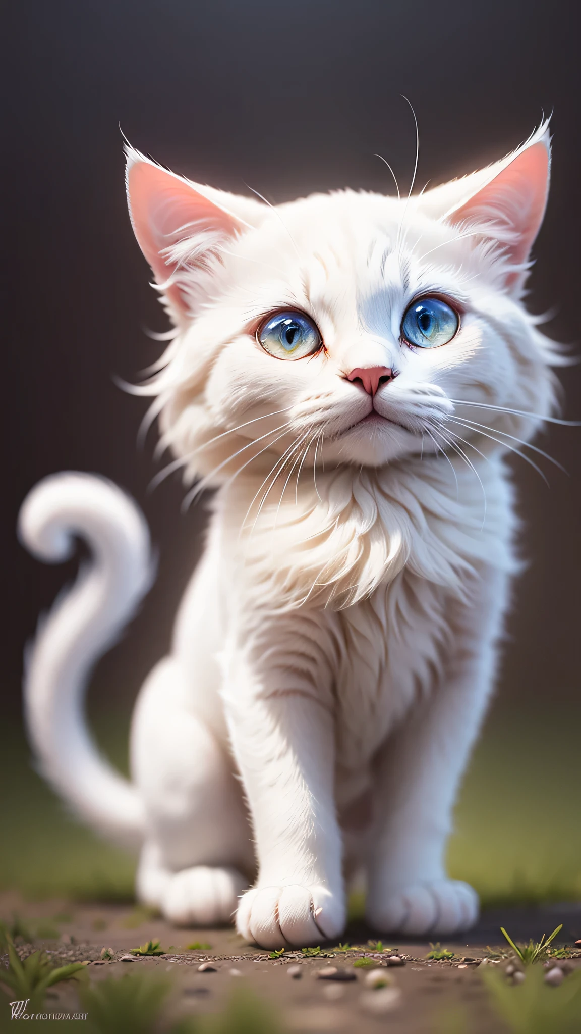cute little surreal white cat, Little, adorable fluffy, logo design, comics, cinematic lighting effects, Attractive, cute and quirky, fantasy art, Bokeh, digital painting, soft lighting, 4K resolution, photorealistic rendering, very detailed,  a realistic masterpiece, professional photography,  