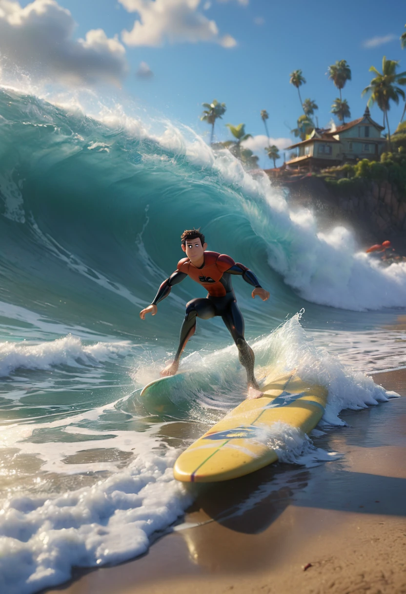 pixar art, Surfing at the beach, Motion Blur, best composition, anime realism, (best quality, masterpiece, 8k, Representative work, official art, Professional, Ultra intricate detailed:1.3)