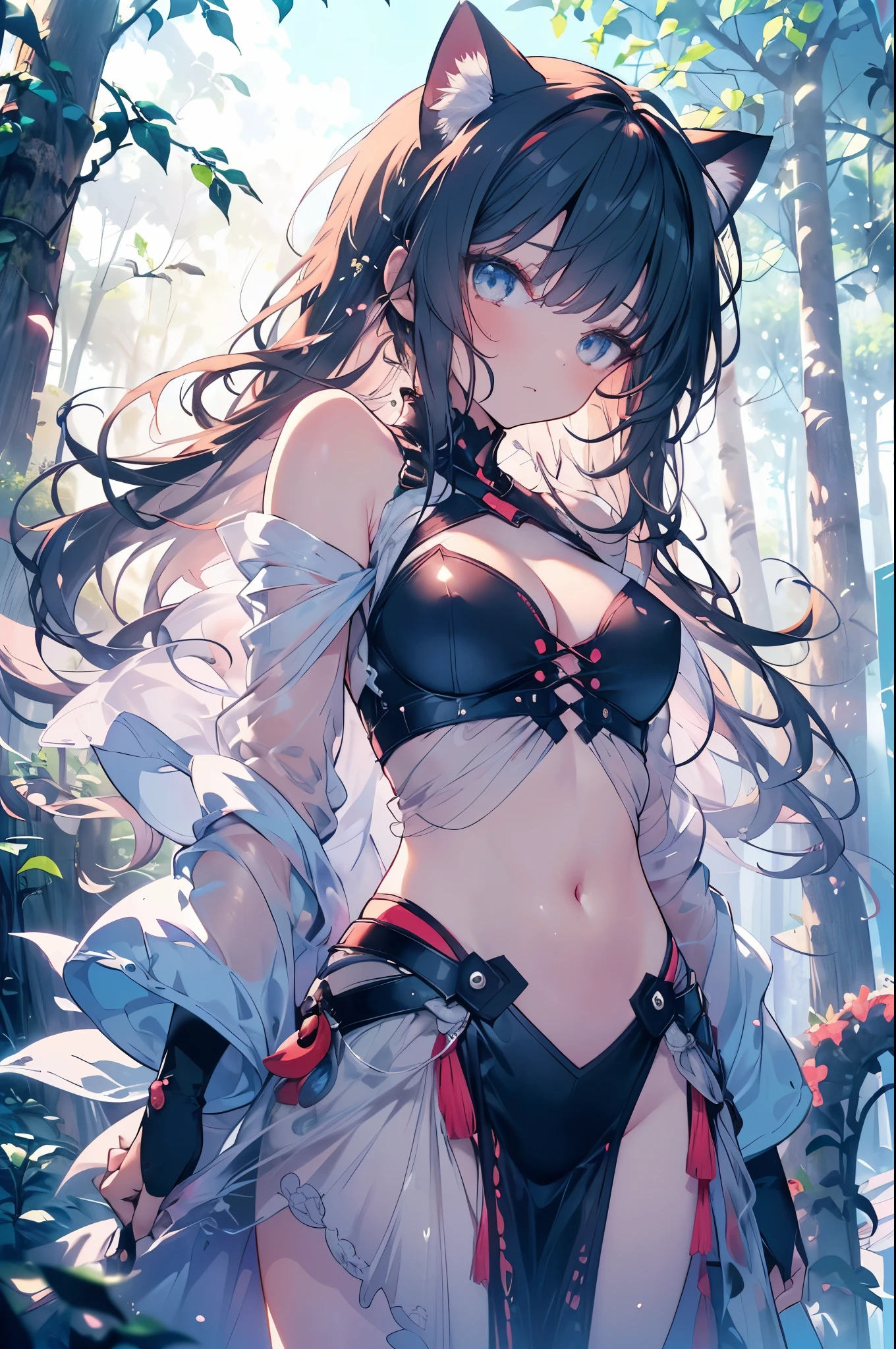 NSFW,((top quality),((masterpiece)),nsfw, (ultra-detailed) (Watercolor style:1.1), (Muted Tone:1.3), Delicate, Detail, Masterpiece,(colorful)illustration
One girl, cool, beautiful,wine red long hair, (hairdo vertical roll aristocrat daughter), sapphire eyes,
The look of surprise, curiosity,
Exposed exploration shirt,cleavage, medium breasts, navel, shoulder,pelvic curtain,
A world dominated by tentacles,
Cold colored tentacles,
sunlight filtering through the trees through the fog,
giant tentacles appear hazy in the far distance,Creepy, disturbing, eyeball-cute alien creatures, tentacle cats,
Fantasy world, gentle world, sky of unique color, traveling in strange world, adventure, various creatures, various plants, mysterious world, distant view, strong wind,
Various expressions, nervousness, joy, patience, stunned,
(Flying cat:1.2), followed by little worms,cinematic angle,cool,
dynamic angle, dynamic pose,
close-up,kawaii ,sky,
(masterpiece:1.2),(best quality:1.2),intricate details, newest, ai-generated,