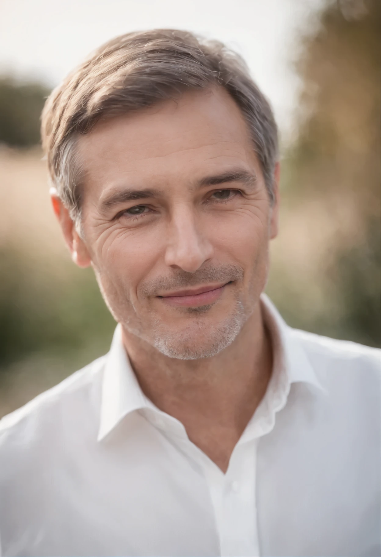 Portrait d'un bel homme de 50 ans, visage ovale, cinematic aspect、Chemise blanche et veste avec col、REGARDANT LA CAMÉRA, French, souriant