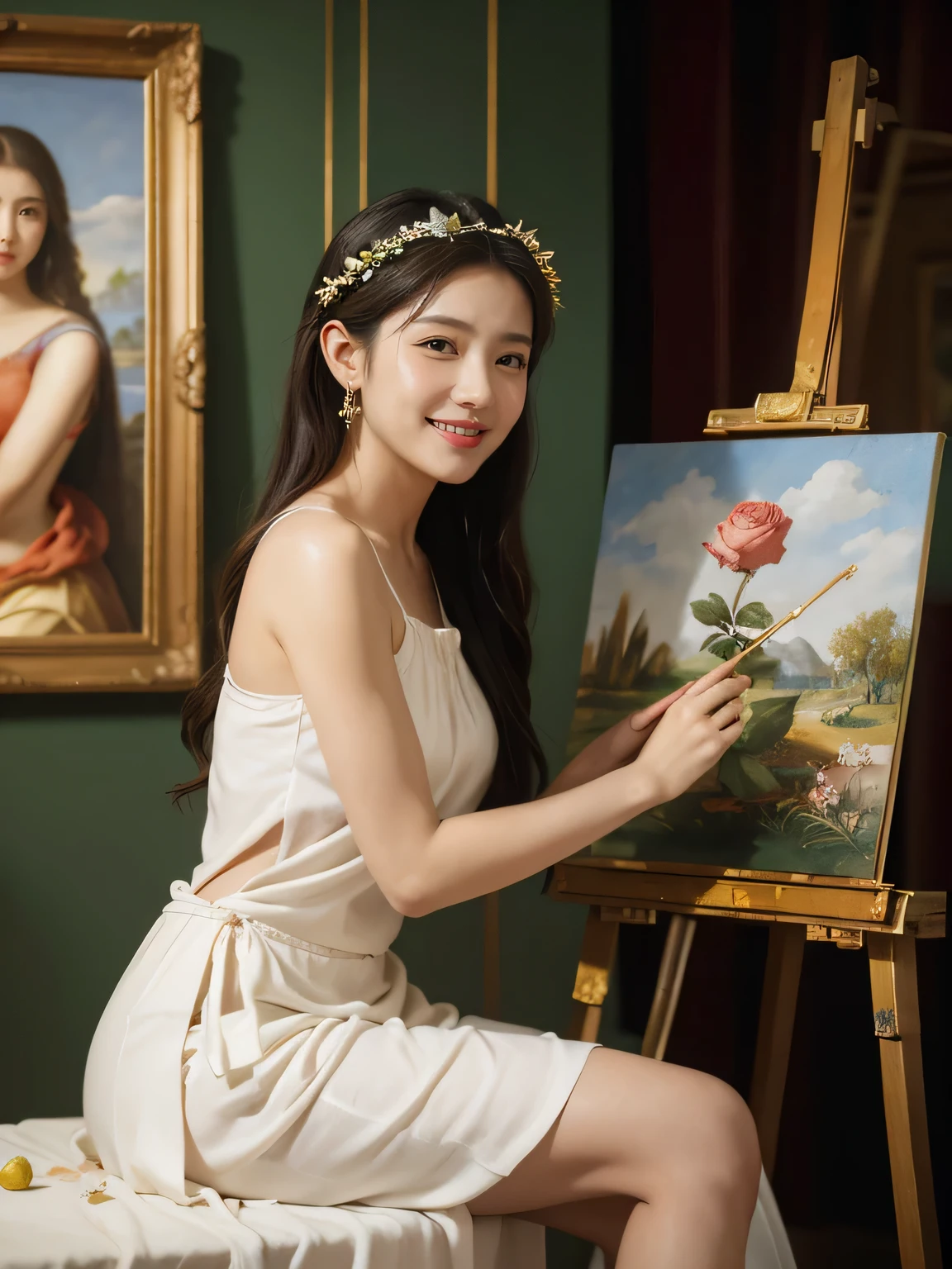 Giorgione painting style,roses in vase、fruits、Cute trinkets、smile、ancient greek costume、Clothes that stretch your shoulders、A big smile、beautiful bare skin,Female painter painting oil in her studio,Woman painting in oil with oil brush and palette,Woman painting oil on canvas