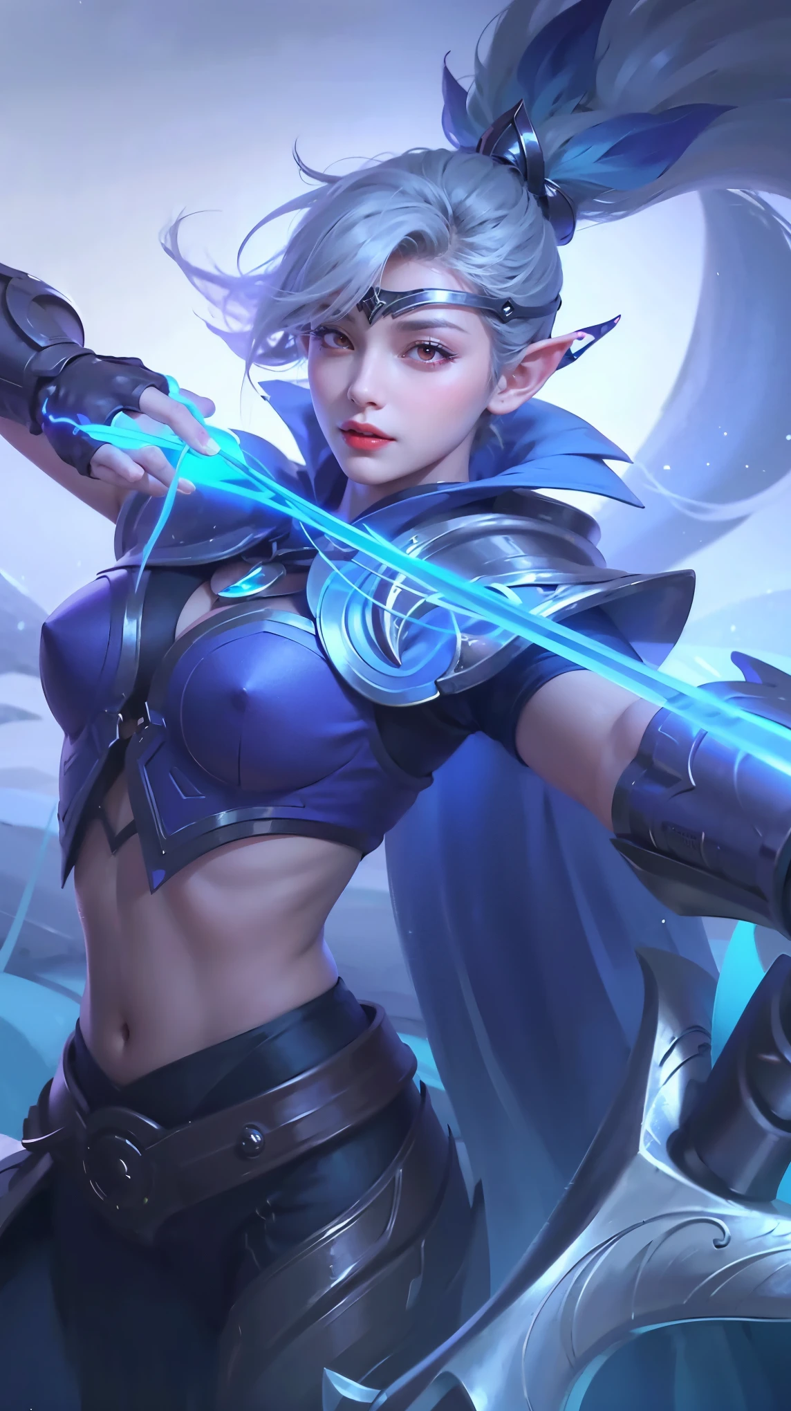 (female:1.2), 8k, ultra hd, ultra detailed texture, hyper realistic, masterpiece, detailed texture, detailed face, detailed skin, detailed lighting, (photorealistic:1.5), best quality, beautiful lighting, cinematic lighting, professional lighting, ultra highres, realistic, detailed hair, real hair, high quality, (realskin:1.5), extremely detailed, finely detail, ultra-detailed, 1girl, solo, elf, pointy ears, standing, demon horns, forehead protector, (red eyes:1.5), v-shapped eyebrow, lips, red lips, evil smile, nose, make up, pretty, beautiful, cute face, long hair, blue hair, high ponytail, large breasts, cleavage, armpit, navel, stomach, black armor, pauldrons, bare shoulders, shoulder armor, thigh high, sleevless, detached sleeves, breastplate, gauntlets, miya \(mobile legends\), depth of field, looking aways, white skin, skin tight, amazing pose, outdoors, glowing, dark view.