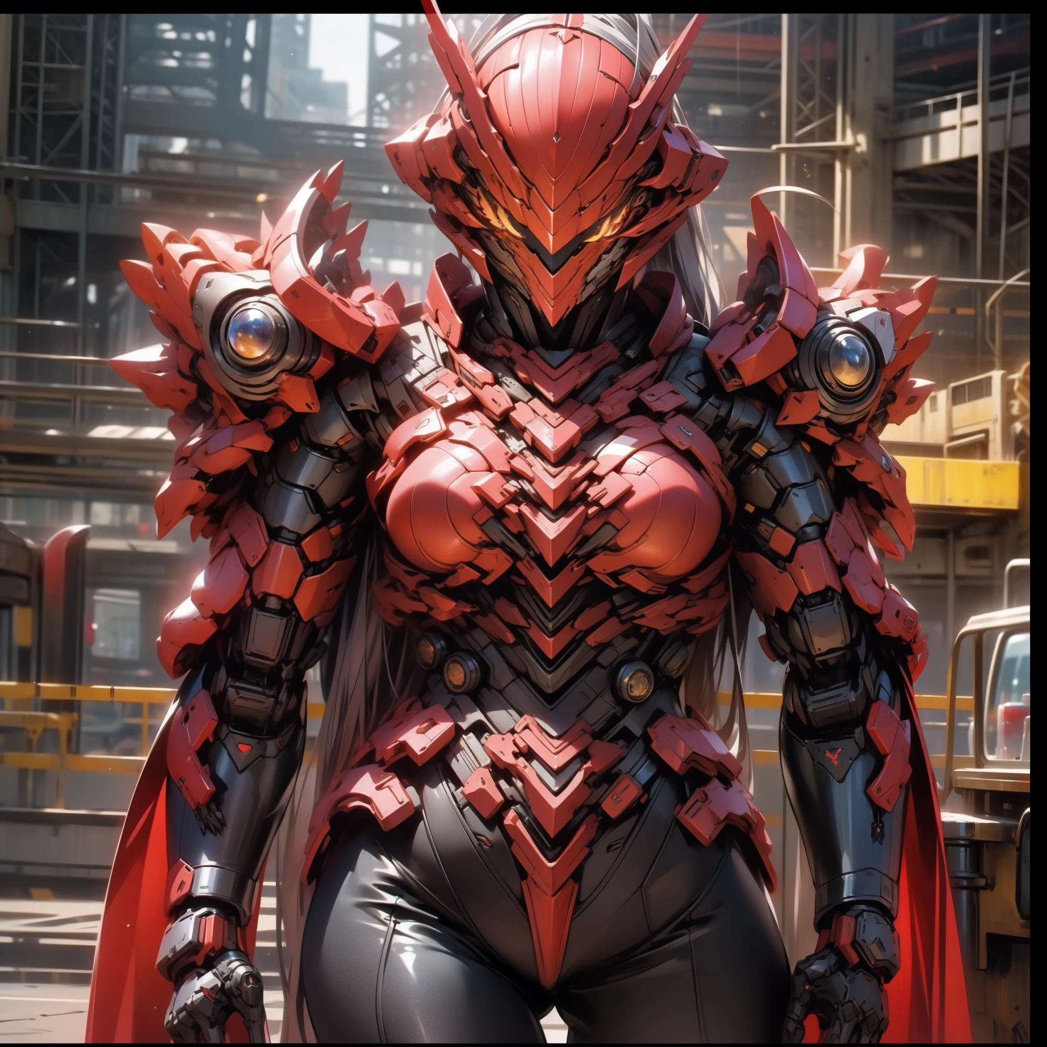 (Masterpiece,Best quality: 1.2),(Ultra-detailed face),(no head gear),Her armor glows red，Neon city lights dance on mechanical surfaces. Complex cybernetics gives her motor power with inhuman speed and force. She silently strode through the lower level, The alleys are bathed in the crimson glow of her futuristic suit. She holds a vibrant longsword in her hand, Its edges are buzzing，plasma, Be prepared to do justice. She is the guardian of the city, Although few people know her name. The criminal whispered rumors of the Crimson Knight, A cybernetically enhanced warrior who swears to protect the innocent. They spoke of her inhumane reaction and her fiery sword that pierced any defenses. How she emerged from the shadows, The blurry red color brings quick judgment. Tonight，Her sensors found that injustice was once again brewing on these lawless streets。. When the city sleeps, Only she is vigilant, Silent sentinels watch. Her cybernetic system began to target the threat，Because she is ready to fight for those who cannot defend themselves. The Crimson Knight is ready, Justice will be dealt with quickly tonight.Oversized breasts（1.9）