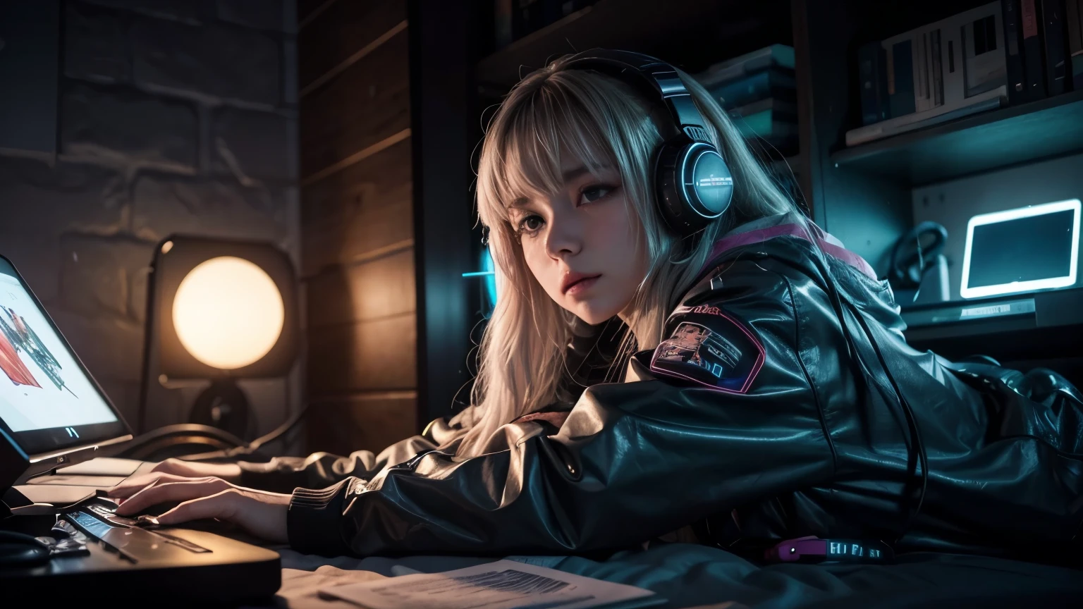 A cyberpunk-themed image of a white long hair girl relaxing in a futuristic room with neon lights, books and notes, headphones, and a holographic lofi music player. she is sleeping on the bed wearing cyberpunk clothes The image is in 16:9 aspect ratio for YouTube thumbnail.