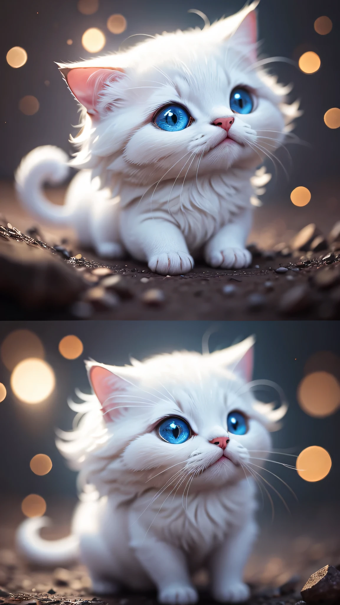 cute little surreal white cat, Little, adorable fluffy, logo design, comics, cinematic lighting effects, Attractive, cute and quirky, fantasy art, Bokeh, digital painting, soft lighting, 4K resolution, photorealistic rendering, very detailed,  a realistic masterpiece, professional photography,  