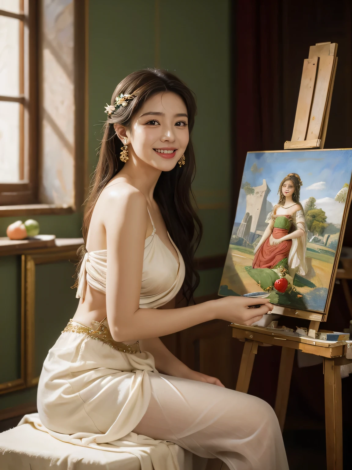 Giorgione painting style,roses in vase、fruits、Cute trinkets、smile、ancient greek costume、Clothes that stretch your shoulders、A big smile、beautiful bare skin,Female painter painting oil in her studio,Woman painting in oil with oil brush and palette,Woman painting oil on canvas