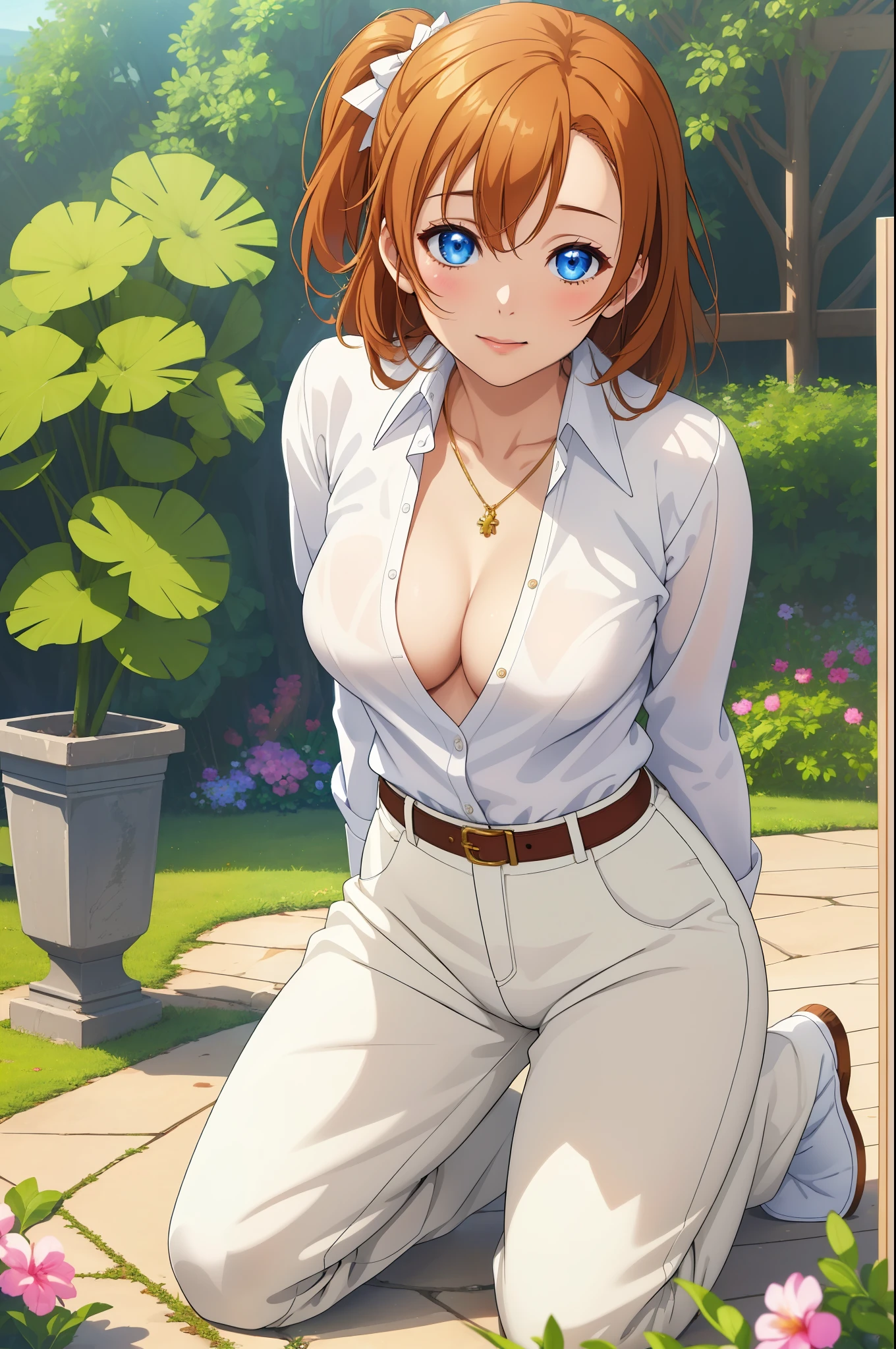 ((Masterpiece)), 8k wallpaper, realistic art, from above, kousaka honoka, blue eyes,beautiful female model, white shirt,unbottoned shirt, breasts out, stylish pants, golden necklace, kneeling,glossy lips, glossy skin, outdoors in garden,(sexually suggestive:1,3)