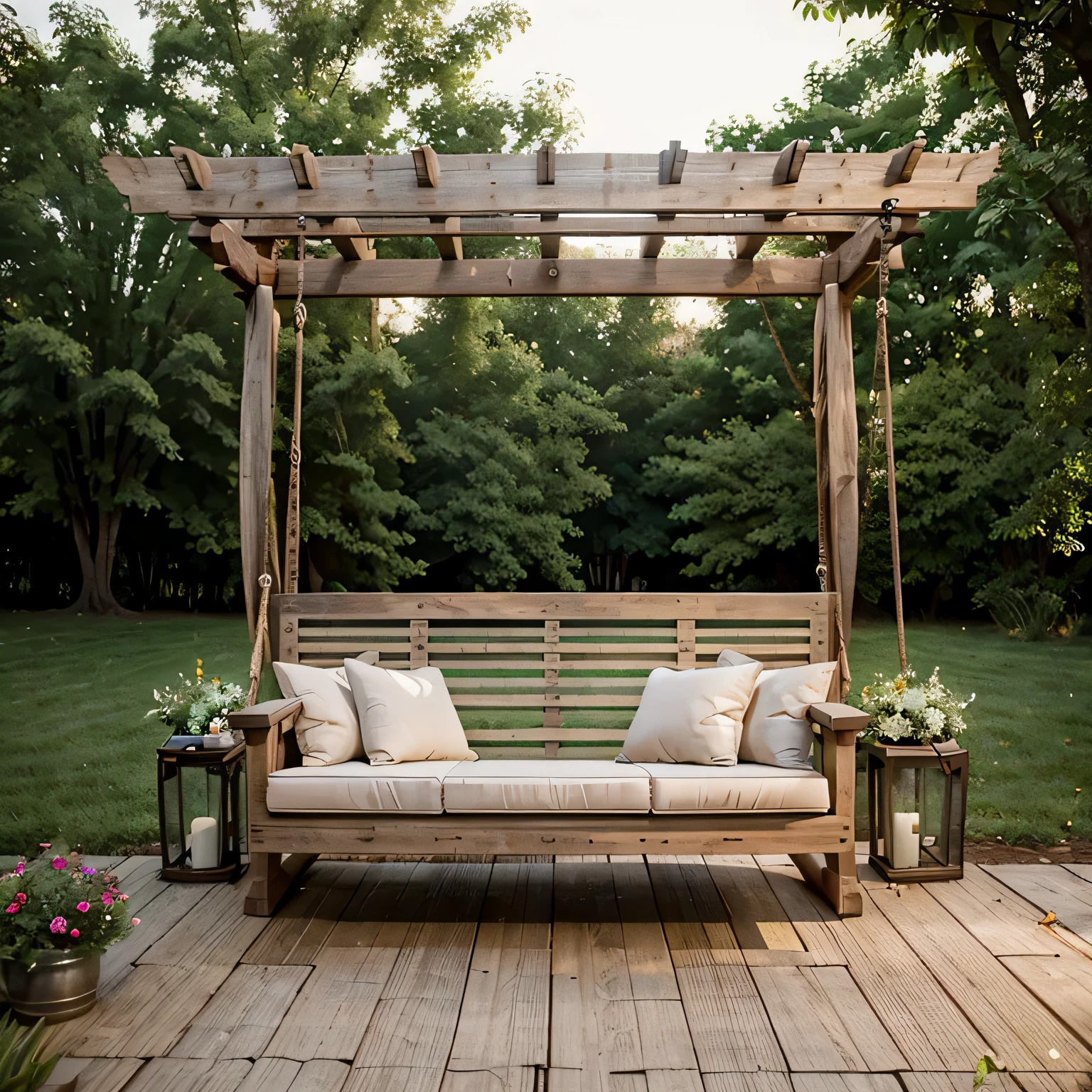 Creating Serene Outdoor Spaces: Exploring Rustic Farmhouse Patio Wooden pergola swing gently swaying.