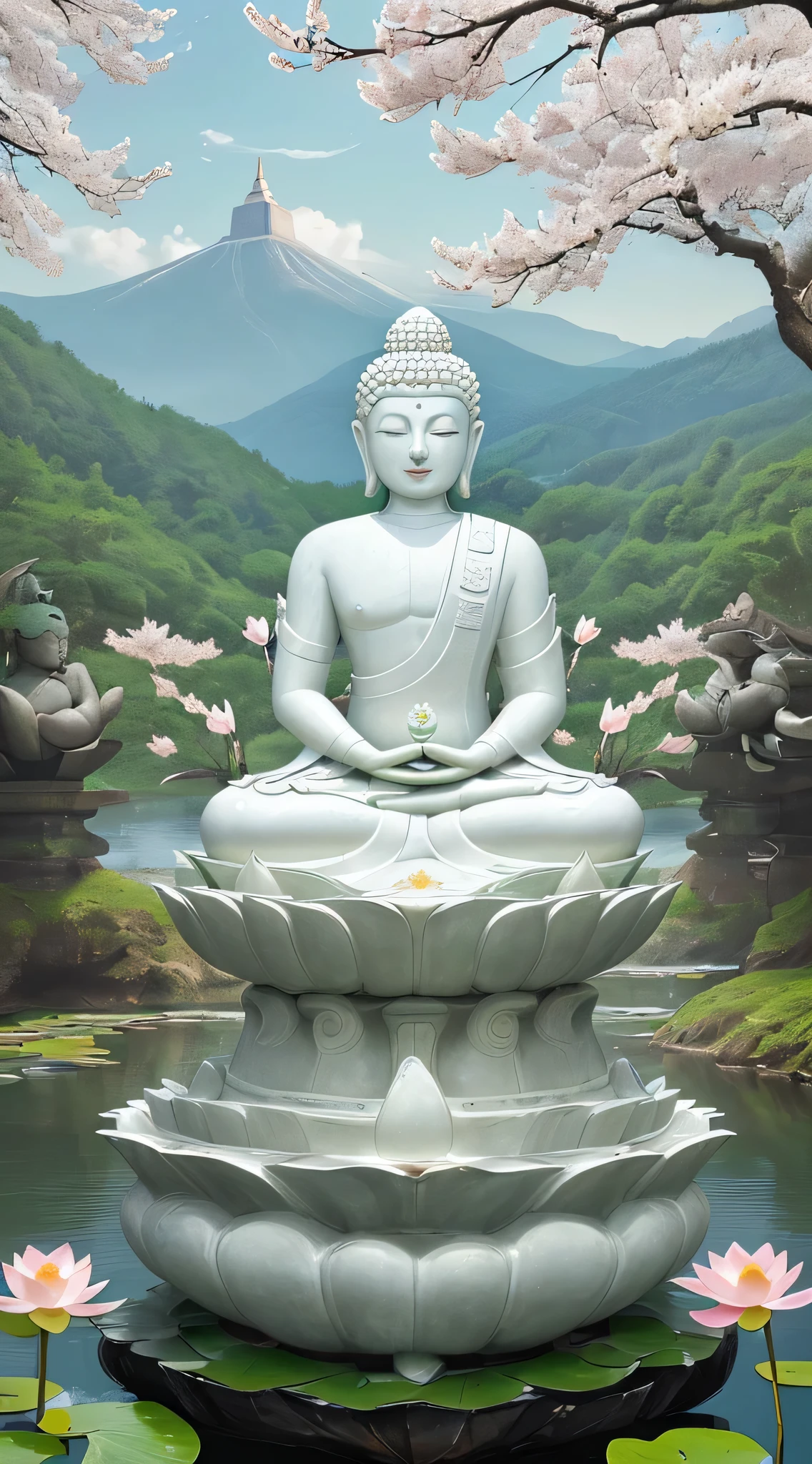 (masterpiece),(best quality),(super detailed), (Body:1.2), 1 Buddha, Float in a powerful zen state, There are lotuses, White skin, Buddha Amitayus,  sitting on lotus, Put your hands together and chant the Buddha&#39;s name&#39;of the name, temple, wear clothes, White skin, round face, type, ease, look, mountains, tree, Cherry blossoms, forest, birds, cloud, dew, outdoor, bright, fresh, green, White skin, (Beautiful and delicate face), (eyes closed),