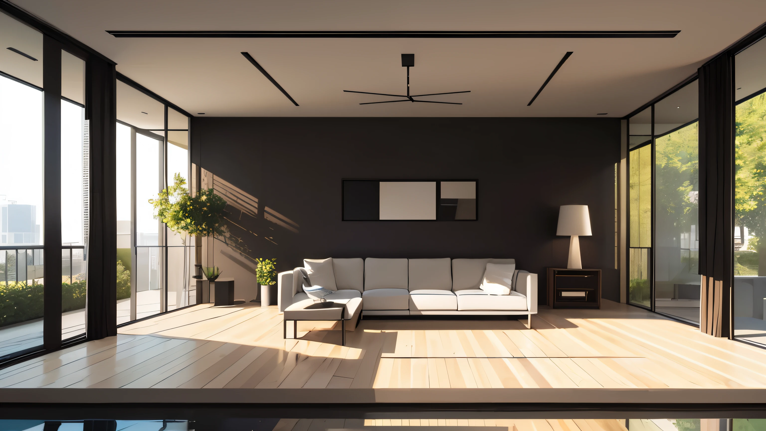 you are a famous interior designer、I was asked to create a 3D image of a large modern room.。. Create a harmonious environment with modern and minimalist furniture. Including garden interior.
