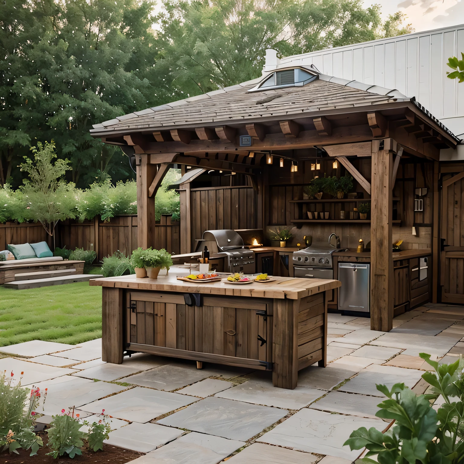Creating Serene Outdoor Spaces: Exploring Rustic Farmhouse Patio Outdoor kitchen with raised garden beds nearby