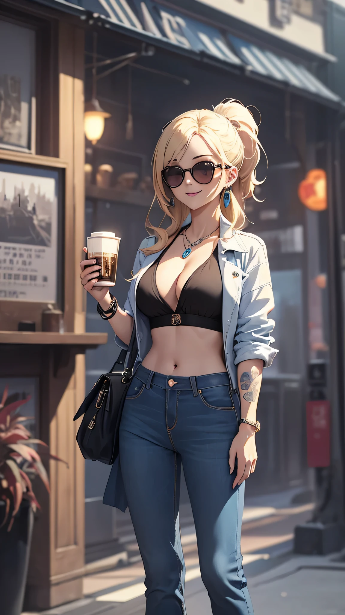 最high quality、best image quality、masterpiece、girl((20-year-old、 By becoming、vest bust、medium bust,wide open breast tea、shining eyes, blonde、long hair、thin,highest valley、ponytail、sunglasses、denim pants、white shirt、Jeans、smile、full body tattoo,diamond earrings、Wristband、necklace)),high quality、beautiful art、background((Tokyo、bar))、Flight、debris flies、Depth of written boundary、movie、visual art、perfect art、8k,genuine、