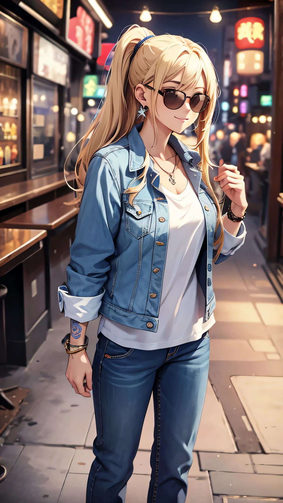 デニムジャケットとジーンズを着たアニメの女の子が写真にポーズ