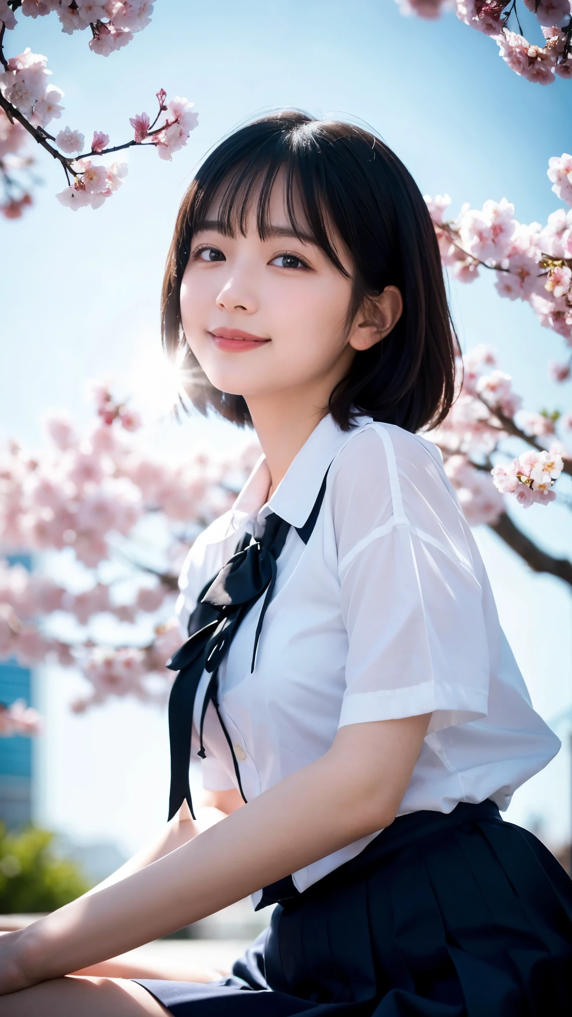 (highest quality,masterpiece:1.3,ultra high resolution),(Super detailed,caustics,8k),(photorealistic:1.4,RAW shooting),1 girl,(smile),(looking down at the camera),18-year-old,cute,Japanese,black hair short cut,(school uniform),glamorous,(big ),(face focus),street,cherry blossoms,(cherry blossoms吹雪),blue sky,sun,Natural light,(Lens flare),professional writing,(bust up shot),(Tilt composition:1.3),(low position:1.4),(Low - Angle:1.4)