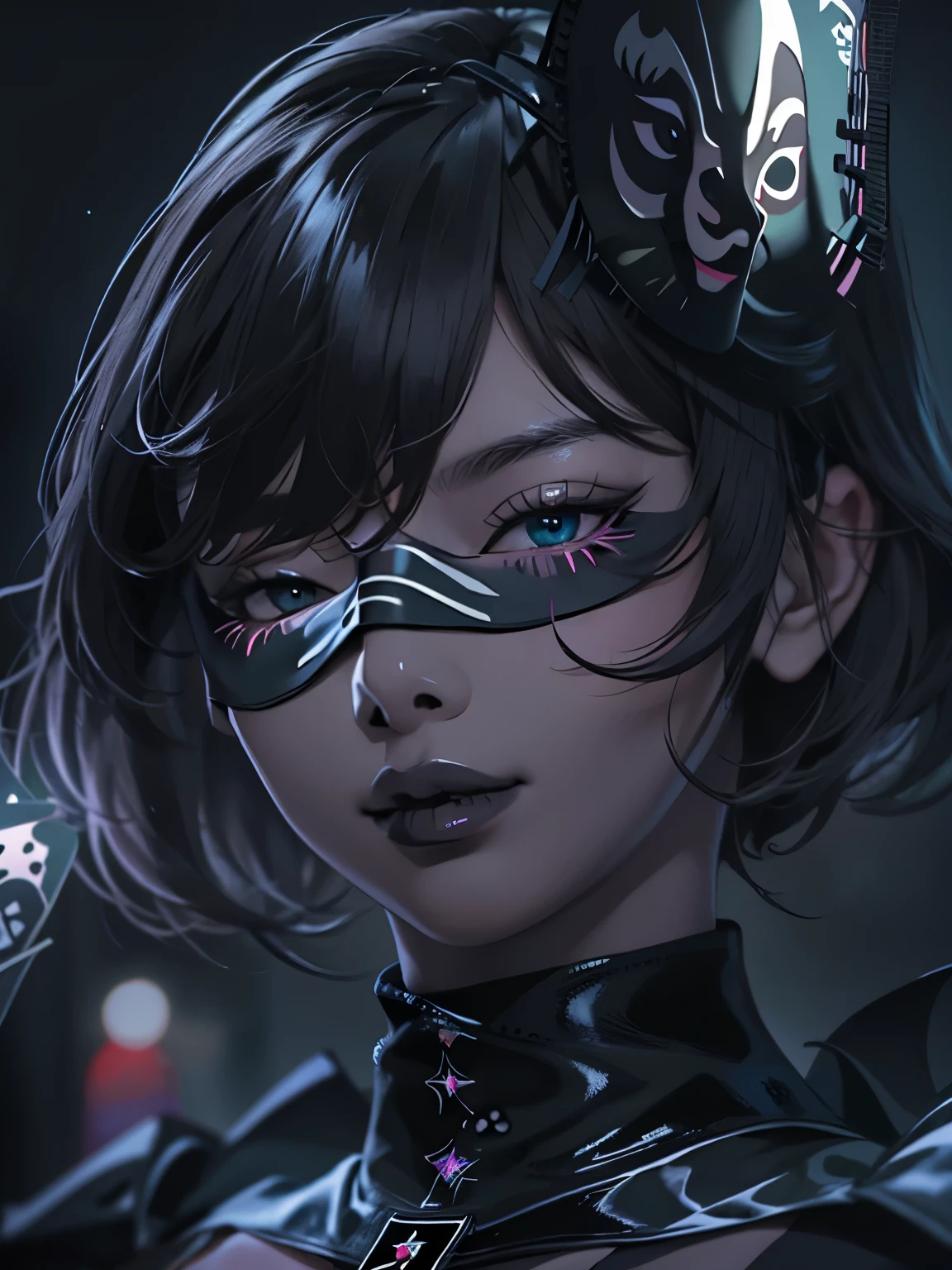NSFW((masterpiece)), (((Best Quality))), ((Ultra-detailed)), (extremely detailed photo), ((extremely delicate and beautiful)),(Cute delicate face), (A 25 years old dignified girl),(black and violet full armor) ,(holding a violet glowing weapon ),short hair,against a dark background in a city,solo, double eyelid,delicate skin,slender body shape,(Wearing a black Domino mask:2)