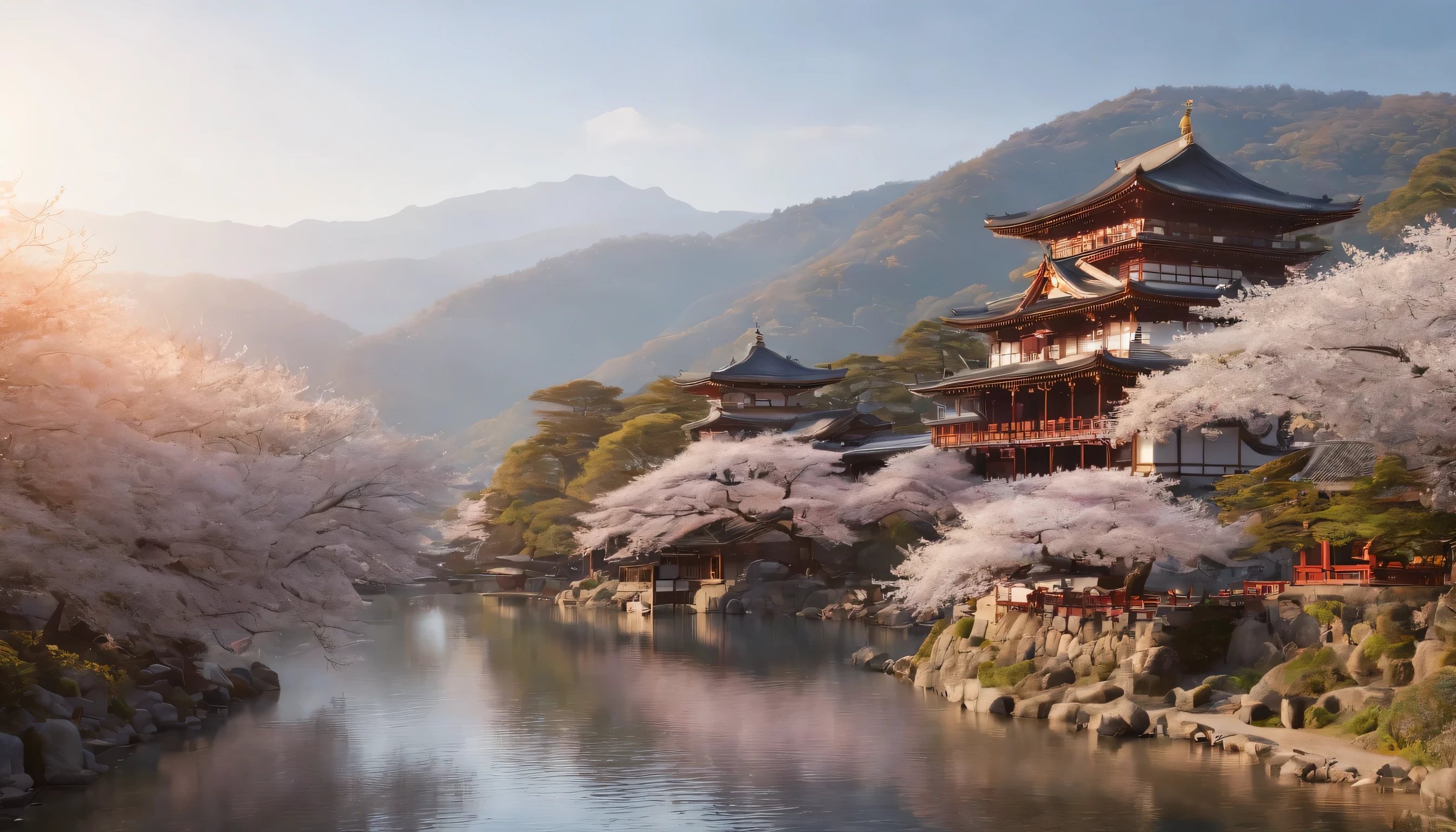 (Highly detailed CG Unity 8k wallpaper、masterpiece、highest quality、Super detailed)、(best lighting、best shadow、very delicate and beautiful)、highest quality、8k、Detailed facial depiction、masterpiece、highest quality、clear image quality、
Famous temples such as Kiyomizu-dera and Kinkaku-ji decorate the beautiful landscape with cherry blossoms。