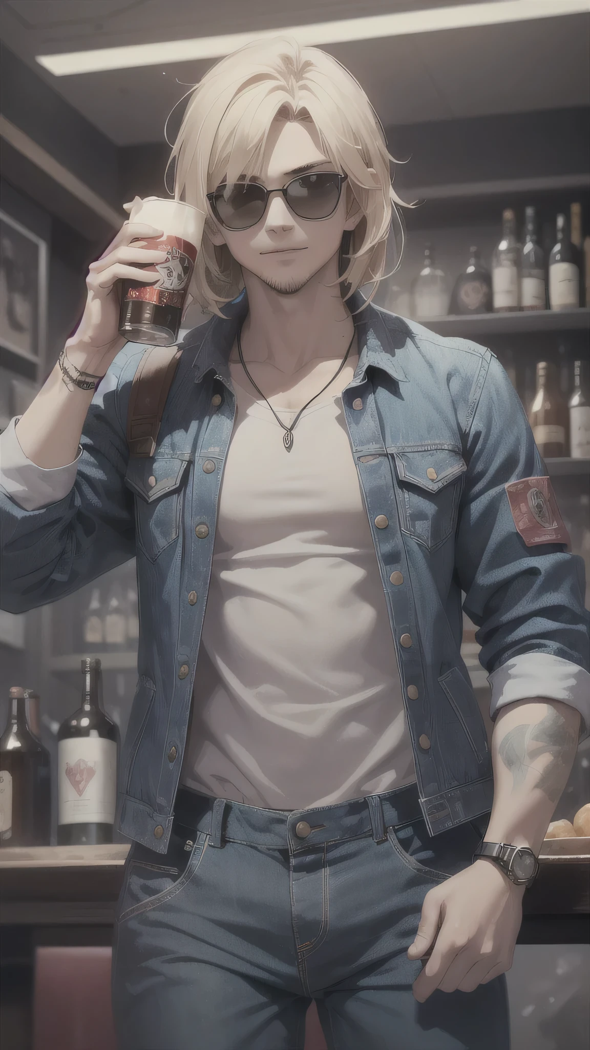 最high quality、best image quality、masterpiece、male((20-year-old、 By becoming、wide open breast tea、輝くeye, blonde、shortcut、black vest、blue t-shirt、denim pants、Wristband、stubble、muscular、eye、sunglasses、full body tattoo、smile、holding beer bottles、red long sleeve jacket,selfie pose)),high quality、beautiful art、background((Tokyo,bar))、Flight、debris flies、Depth of written boundary、movie、visual art、perfect art、8k,genuine、