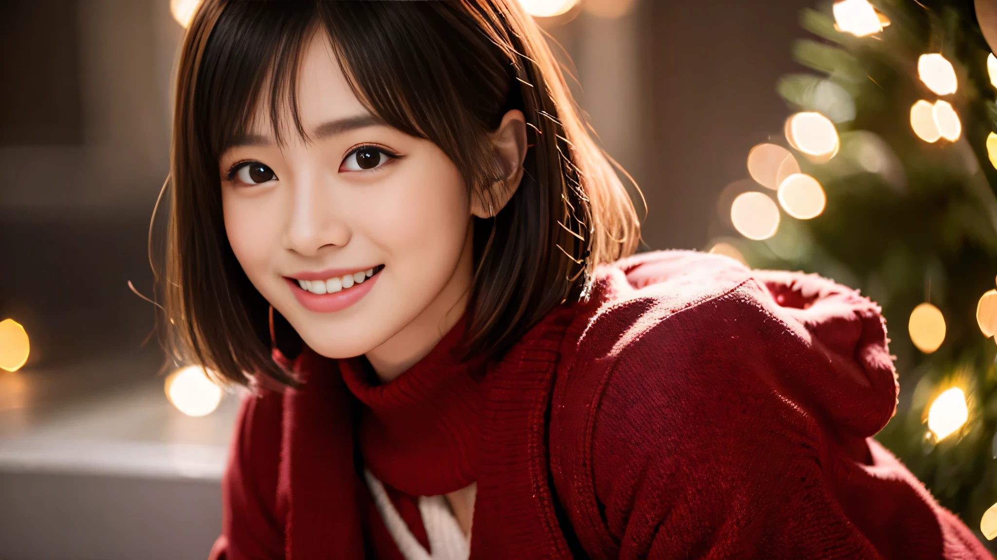 A sparkling Christmas night、sacred costume、provocative smile、short hair、beautiful japanese actress、sakimichan、cinematic light， realistic， masterpiece， highest quality， complex CG，highly detailed face，high detail eyes，