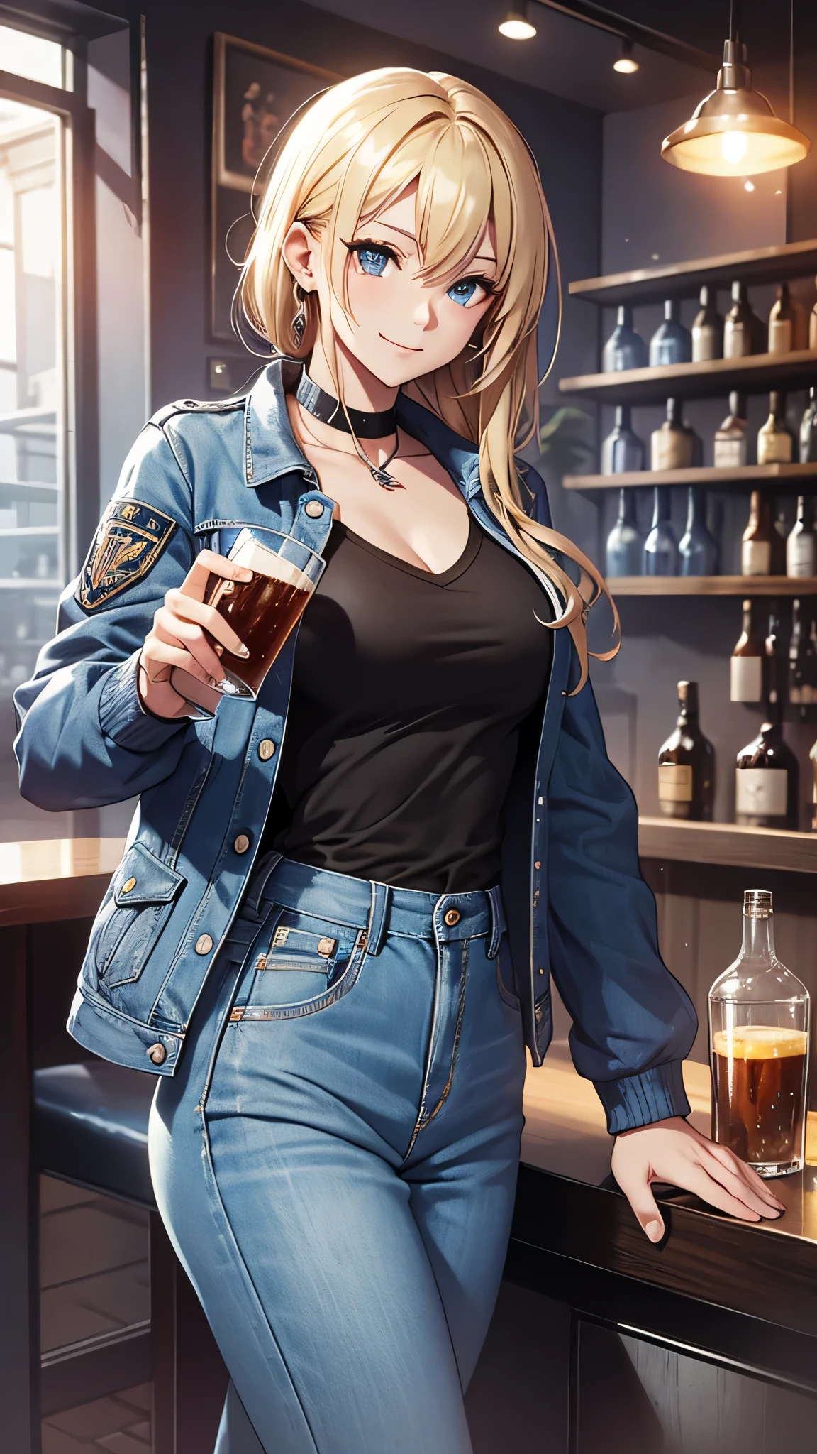 最high quality、best image quality、masterpiece、male((20-year-old、 By becoming、wide open breast tea、輝くeye, blonde、shortcut、black vest、blue t-shirt、denim pants、Wristband、stubble、muscular、eye、sunglasses、full body tattoo、smile、holding beer bottles、red long sleeve jacket,selfie pose)),high quality、beautiful art、background((Tokyo,bar))、Flight、debris flies、Depth of written boundary、movie、visual art、perfect art、8k,genuine、