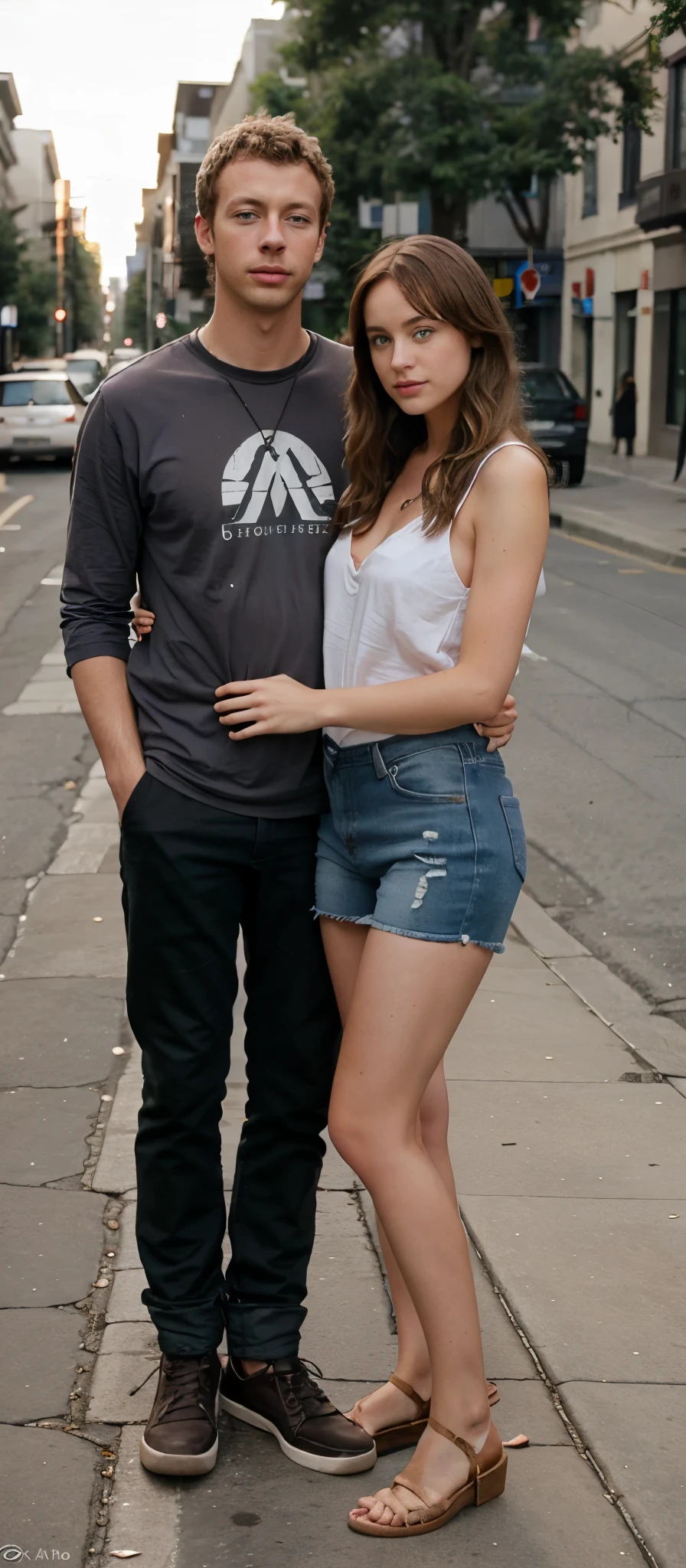 Dakota Jonson and her boyfriend Chris Martin on the street photorealistic canon camera shot