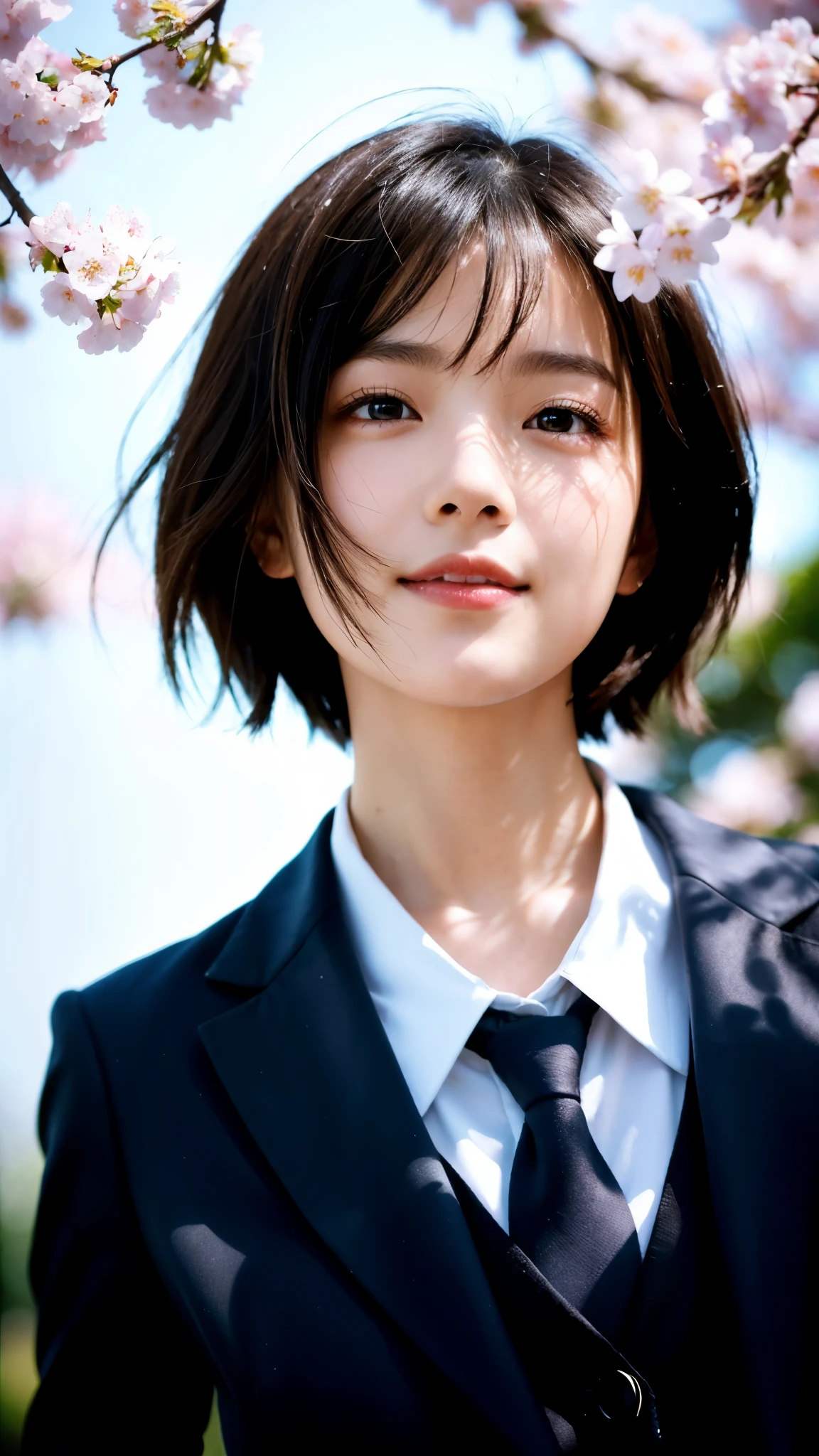 (highest quality,masterpiece:1.3,ultra high resolution),(Super detailed,caustics,8k),(photorealistic:1.4,RAW shooting),1 girl,(smile),(looking down at the camera),18-year-old,cute,Japanese,black hair short cut,(school uniform),glamorous,(big ),(face focus),street,cherry blossoms,(cherry blossoms吹雪),blue sky,sun,Natural light,(Lens flare),professional writing,(bust up shot),(Tilt composition:1.3),(low position:1.4),(Low - Angle:1.4)