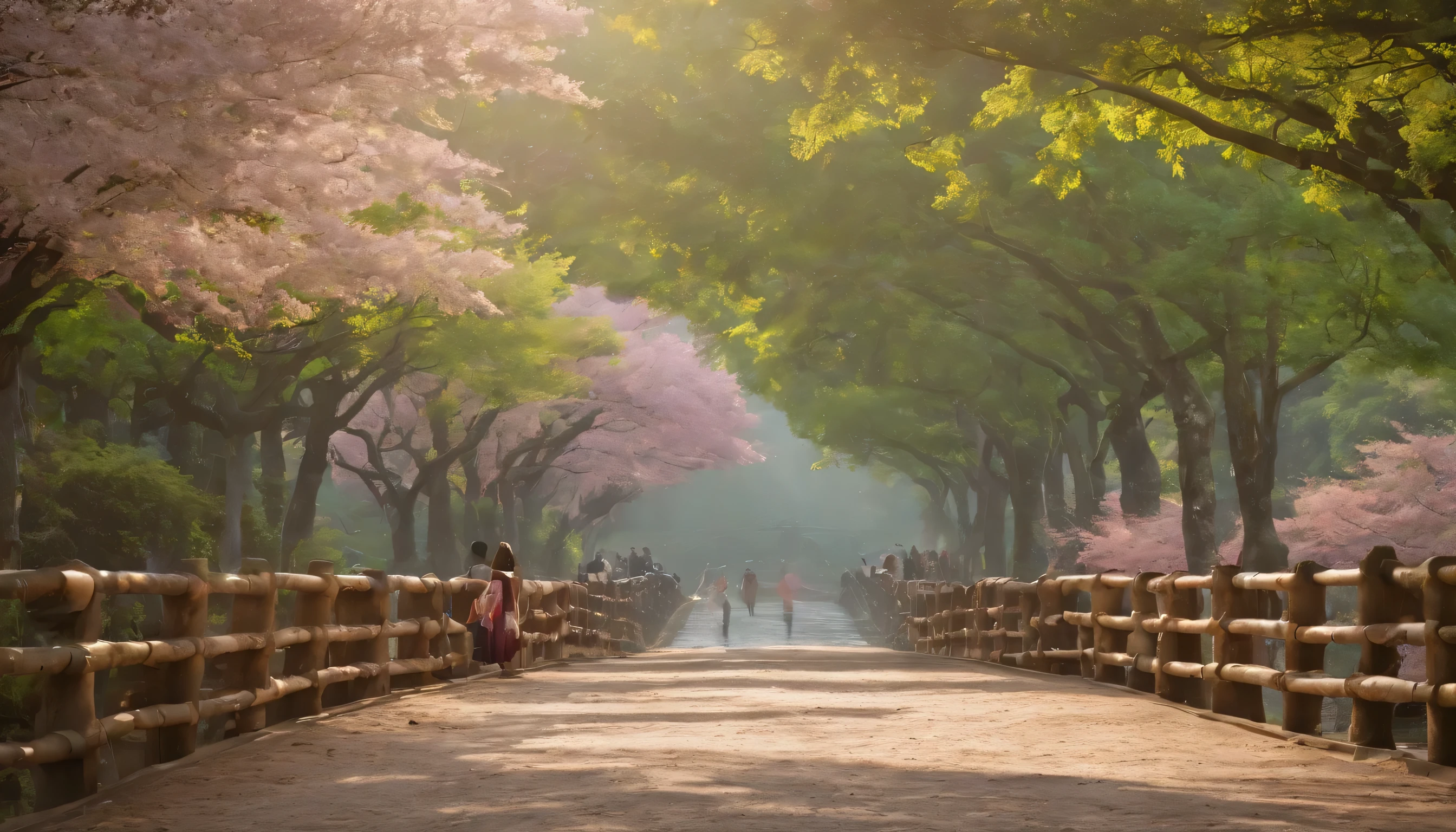 (Highly detailed CG Unity 8k wallpaper、masterpiece、highest quality、Super detailed)、(best lighting、best shadow、very delicate and beautiful)、highest quality、8k、Detailed facial depiction、masterpiece、highest quality、clear image quality、
Arashiyama scenery'Bamboo forest and Togetsukyo Bridge dyed in cherry blossom color。