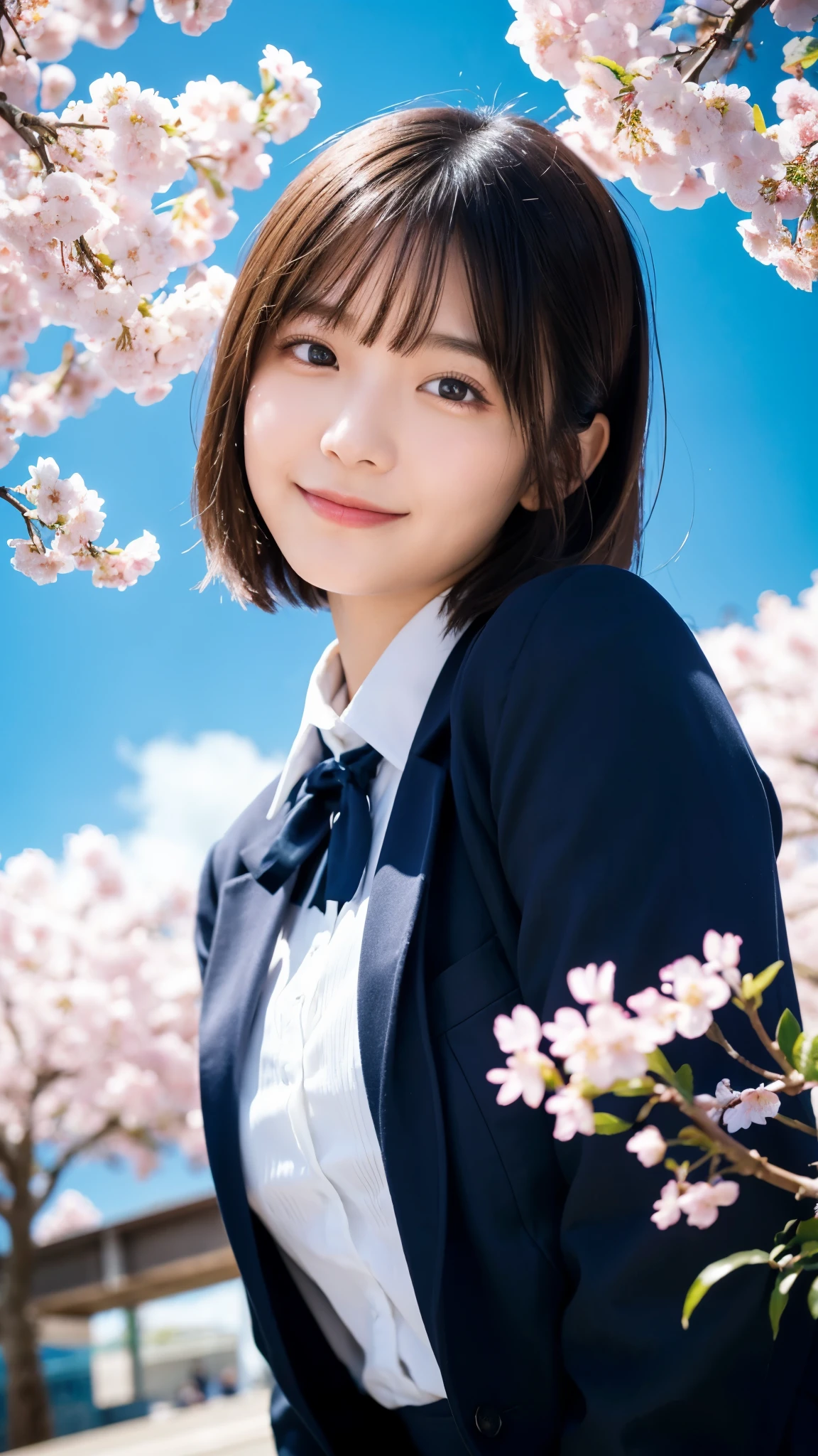 (highest quality,masterpiece:1.3,ultra high resolution),(Super detailed,caustics,8k),(photorealistic:1.4,RAW shooting),1 girl,(smile),(looking down at the camera),18-year-old,cute,Japanese,black hair short cut,(school uniform),glamorous,(big ),(face focus),street,cherry blossoms,(cherry blossoms吹雪),blue sky,sun,Natural light,(Lens flare),professional writing,(bust up shot),(Tilt composition:1.3),(low position:1.4),(Low - Angle:1.4)