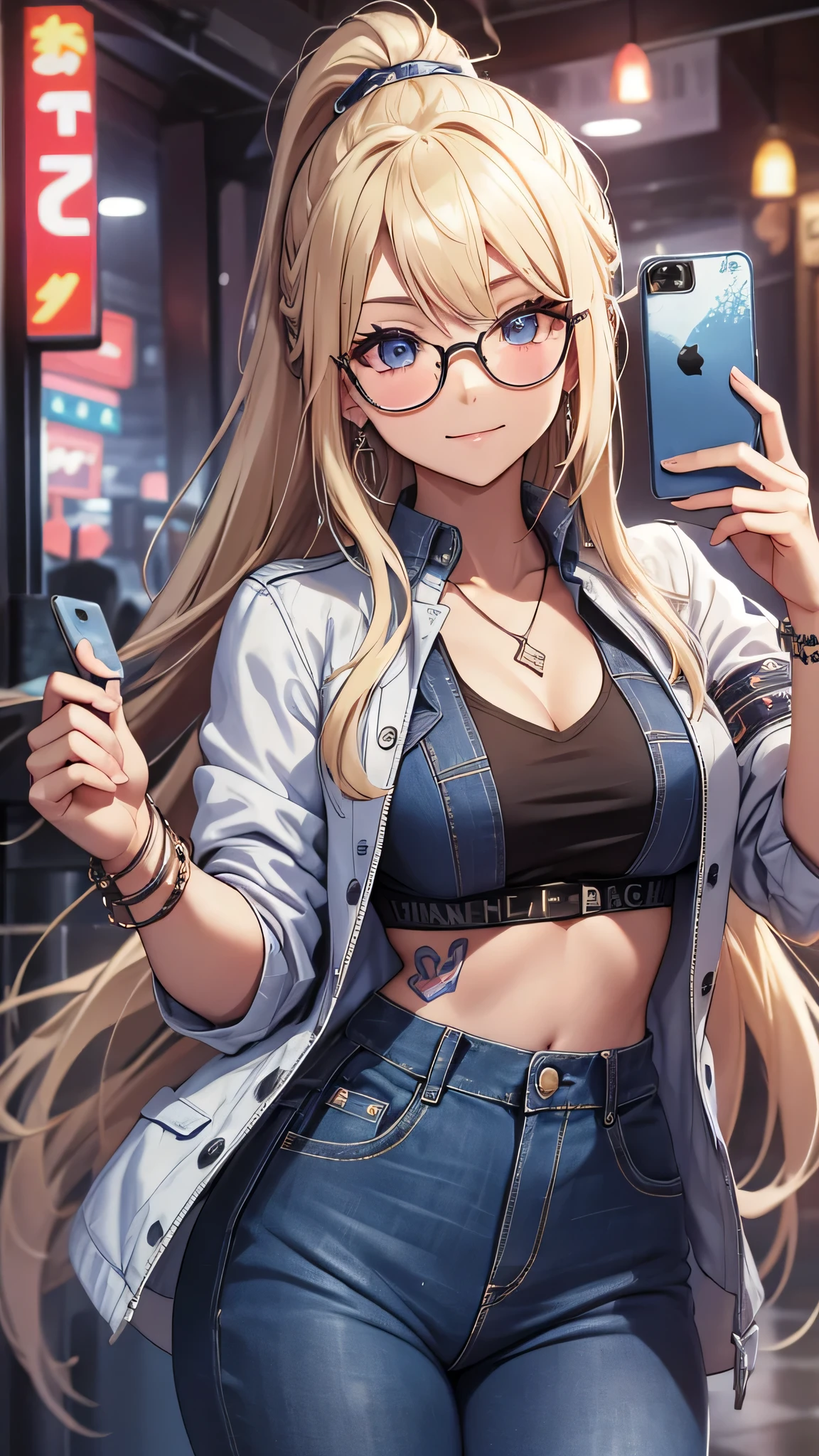 最high quality、best image quality、masterpiece、girl((20-year-old、 By becoming、vest bust、medium bust,wide open breast tea、shining eyes, blonde、long hair、thin,highest valley、ponytail、sunglasses、denim pants、white shirt、Jeans、smile、full body tattoo,diamond earrings、Wristband、necklace,bubble gum、selfie pose)),high quality、beautiful art、background((Tokyo、bar))、Flight、debris flies、Depth of written boundary、movie、visual art、perfect art、8k,genuine、