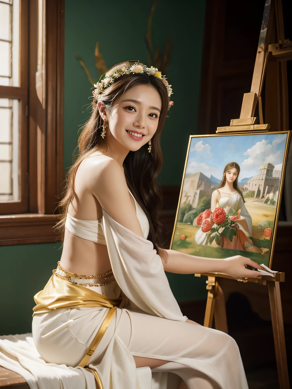 Giorgione painting style,roses in vase、fruits、Cute trinkets、smile、ancient greek costume、Clothes that stretch your shoulders、A big smile、beautiful bare skin,Female painter painting oil in her studio,Woman painting in oil with oil brush and palette,Woman painting oil on canvas