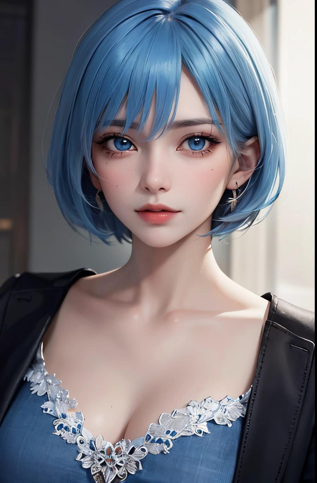 Masterpiece, best quality, 8k, detailed skin texture, detailed cloth texture, beautiful detail face, intricate detail, super detailed, portrait of Rei Ayanami, blue hair, blue eyes, no background
