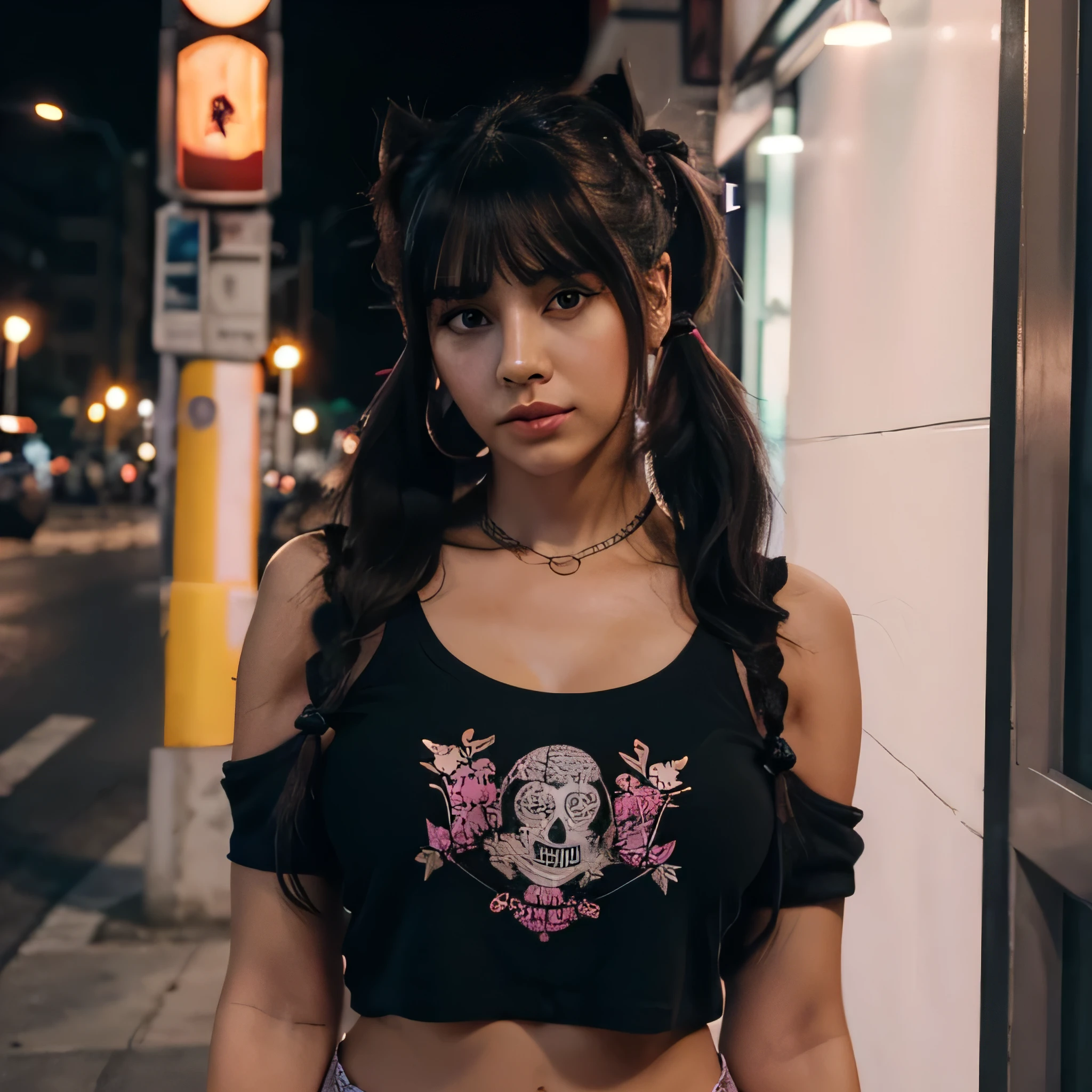 A beautiful hyperreal woman who represents Sailor Moon. Black hair, very big breasts, giant butt, tiny waist. Her face has Japanese anime features. Pigtails: she has long black hair that reaches approximately the middle of his back. Her distinctive hairstyle consists of two high, voluminous pigtails that extend up and out from the top of her head. Bows: At the base of each ponytail, she wears a large bow that keeps her hair in place. Bangs: She has short, blunt bangs that frame her face and curve to the sides. Ella tiene puesta una camiseta holgada que tapa sus pechos (la camiseta no llega hasta la cintura sino hasta arriba del ombligo) esta camiseta es de color gris y tiene una calavera estampada en color negros y rosas rojas. Ella tiene puesta una chaqueta de cuero ajustada, la chaqueta es de color azul oscuro y brozaos y las mangas son de color rosado neon, la cahqueta tiene estampados divertidos como corazones o cerdos con alas. Ella tiene una falda de cuero de color rosado, esta falda contiene varios botones dorados. La falda llega arriba de la rodilla. She has pink garter belts and extravagant sneakers. Se encuentra en nueva york de noche. Ella tiene aretes, cadenas y brazelestes de oro que decoran su vestuario. Tiene labios muy rojos y sus ojos tienen un maquillaje oscuro que resalta sus ojos.. she is alone. 
