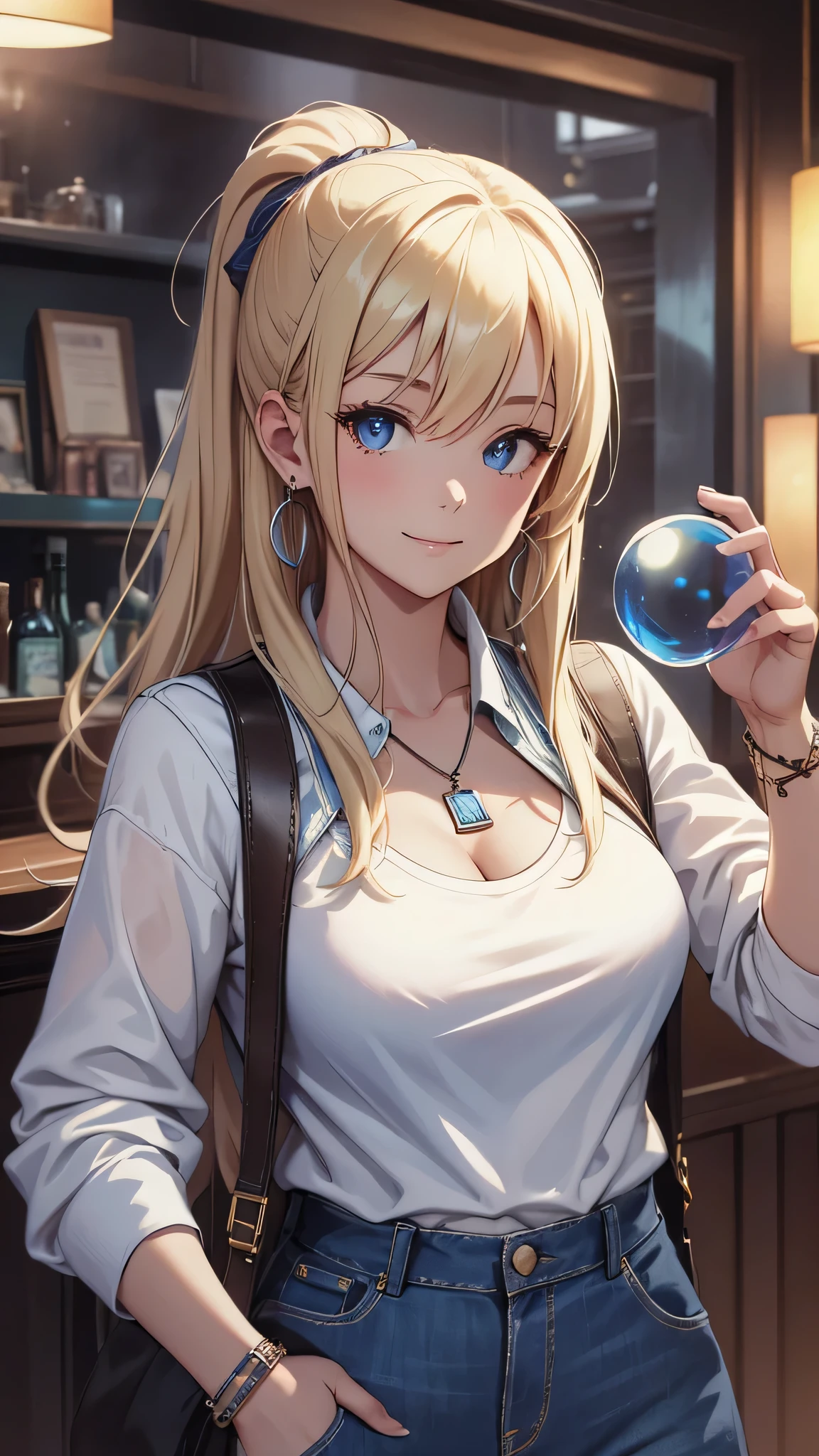 最high quality、best image quality、masterpiece、girl((20-year-old、 By becoming、vest bust、medium bust,wide open breast tea、shining eyes, blonde、long hair、thin,highest valley、ponytail、sunglasses、denim pants、white shirt、Jeans、smile、full body tattoo,diamond earrings、Wristband、necklace,bubble gum、selfie pose)),high quality、beautiful art、background((Tokyo、bar))、Flight、debris flies、Depth of written boundary、movie、visual art、perfect art、8k,genuine、