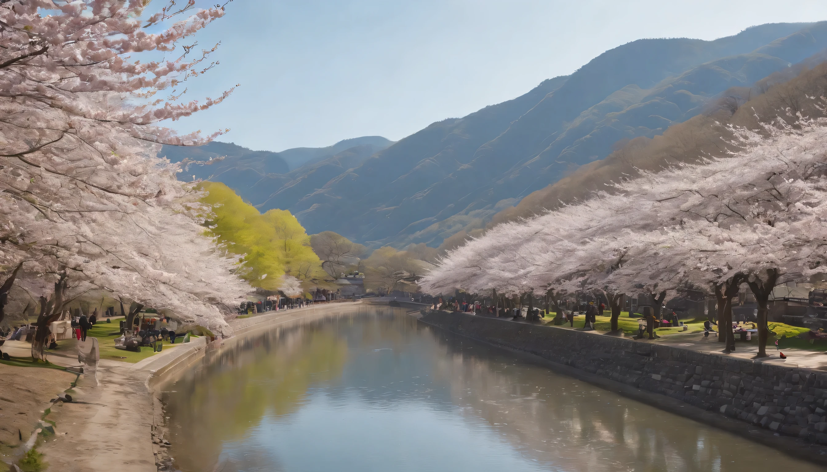 (Highly detailed CG Unity 8k wallpaper、masterpiece、highest quality、Super detailed)、(best lighting、best shadow、very delicate and beautiful)、highest quality、8k、Detailed facial depiction、masterpiece、highest quality、clear image quality、
Scenery of cherry blossom viewing visitors enjoying cherry blossoms on the Kamogawa riverbed。