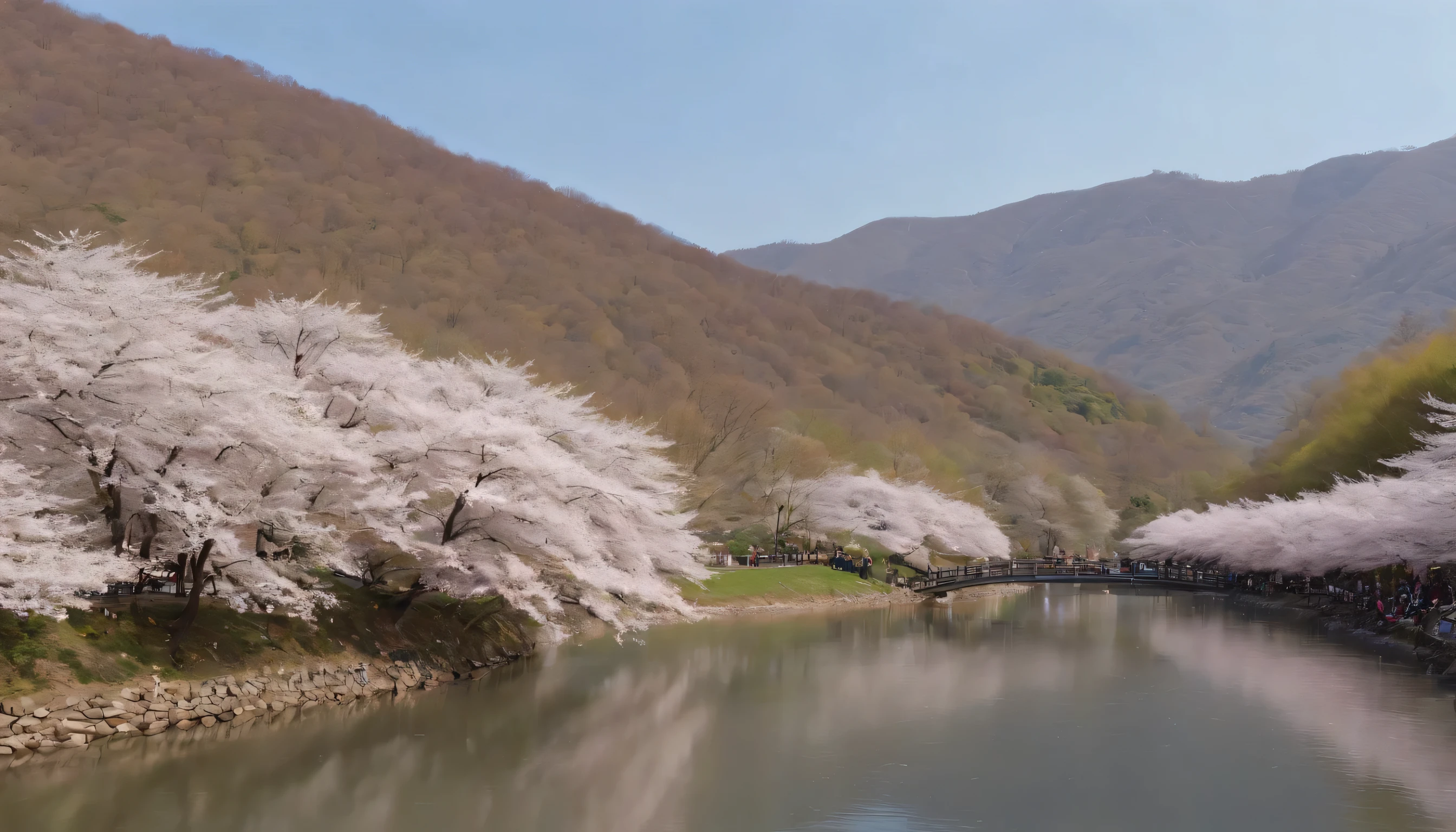(Highly detailed CG Unity 8k wallpaper、masterpiece、highest quality、Super detailed)、(best lighting、best shadow、very delicate and beautiful)、highest quality、8k、Detailed facial depiction、masterpiece、highest quality、clear image quality、
Scenery of cherry blossom viewing visitors enjoying cherry blossoms on the Kamogawa riverbed。