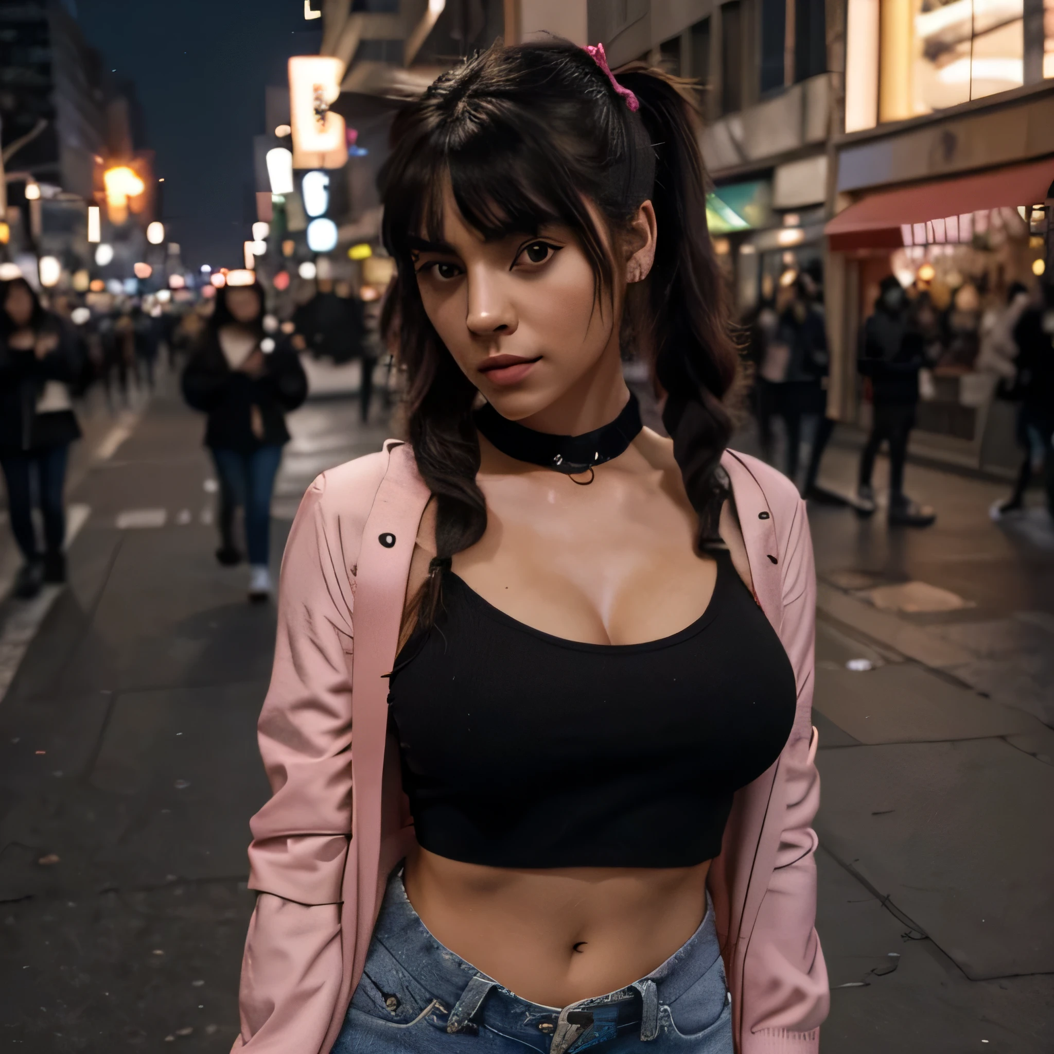 A beautiful hyperreal woman who represents Sailor Moon. Black hair, very big breasts, giant butt, tiny waist. Her face has Japanese anime features. Pigtails: she has long black hair that reaches approximately the middle of his back. Her distinctive hairstyle consists of two high, voluminous pigtails that extend up and out from the top of her head. Bows: At the base of each ponytail, she wears a large bow that keeps her hair in place. Bangs: She has short, blunt bangs that frame her face and curve to the sides. Ella tiene puesta una camiseta holgada que tapa sus pechos (la camiseta no llega hasta la cintura sino hasta arriba del ombligo) esta camiseta es de color gris y tiene una calavera estampada en color negros y rosas rojas. Ella tiene puesta una chaqueta de cuero ajustada, la chaqueta es de color azul oscuro y brozaos y las mangas son de color rosado neon, la cahqueta tiene estampados divertidos como corazones o cerdos con alas. Ella tiene una falda de cuero de color rosado, esta falda contiene varios botones dorados. La falda llega arriba de la rodilla. She has pink garter belts and extravagant sneakers. Se encuentra en nueva york de noche. Ella tiene aretes, cadenas y brazelestes de oro que decoran su vestuario. Tiene labios muy rojos y sus ojos tienen un maquillaje oscuro que resalta sus ojos.. she is alone.