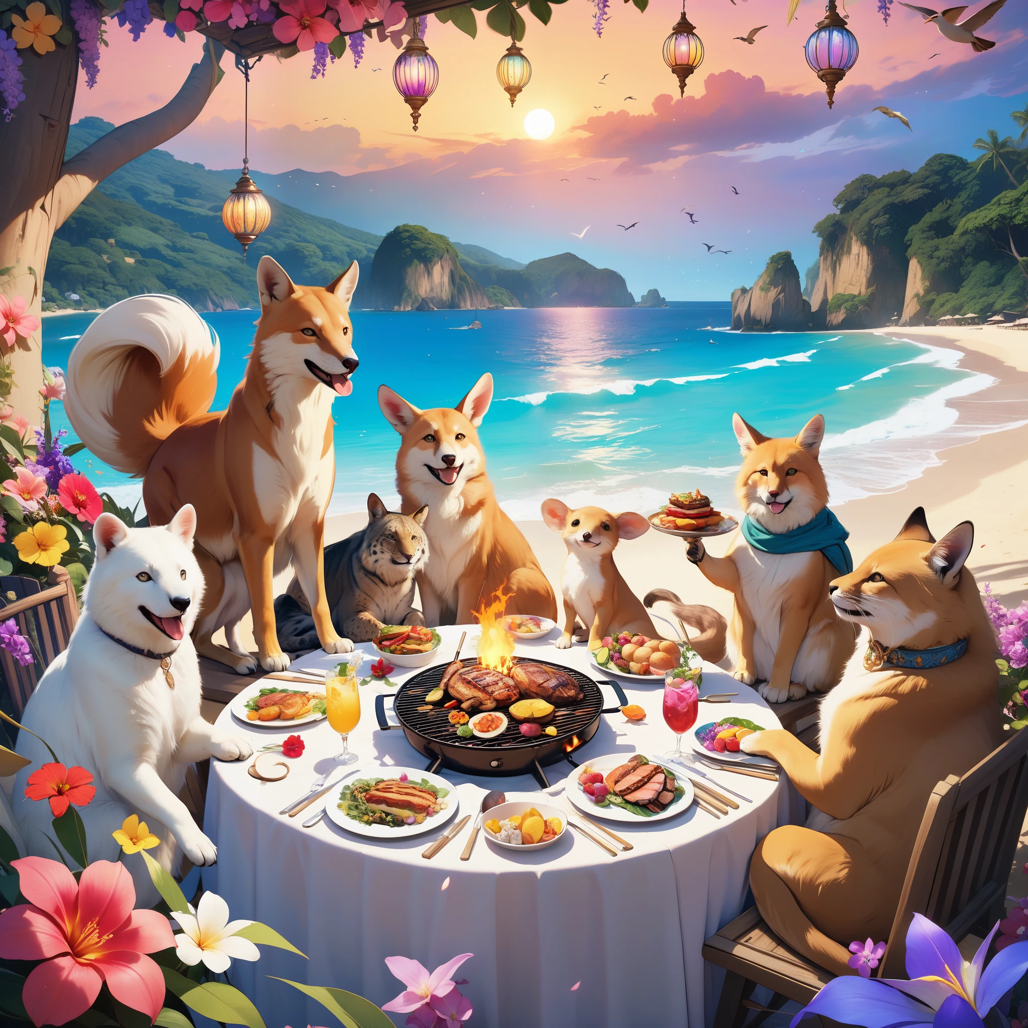 beautiful, aesthetic, 8k artistic photography, intricate details, masterpiece, best quality, magical beach where animals gather for a barbecue party. Illustrate a group of animals, each with unique personalities, enjoying a delightful barbecue amidst vibrant flowers and mystical surroundings. Infuse the scene with a sense of charm fantasy